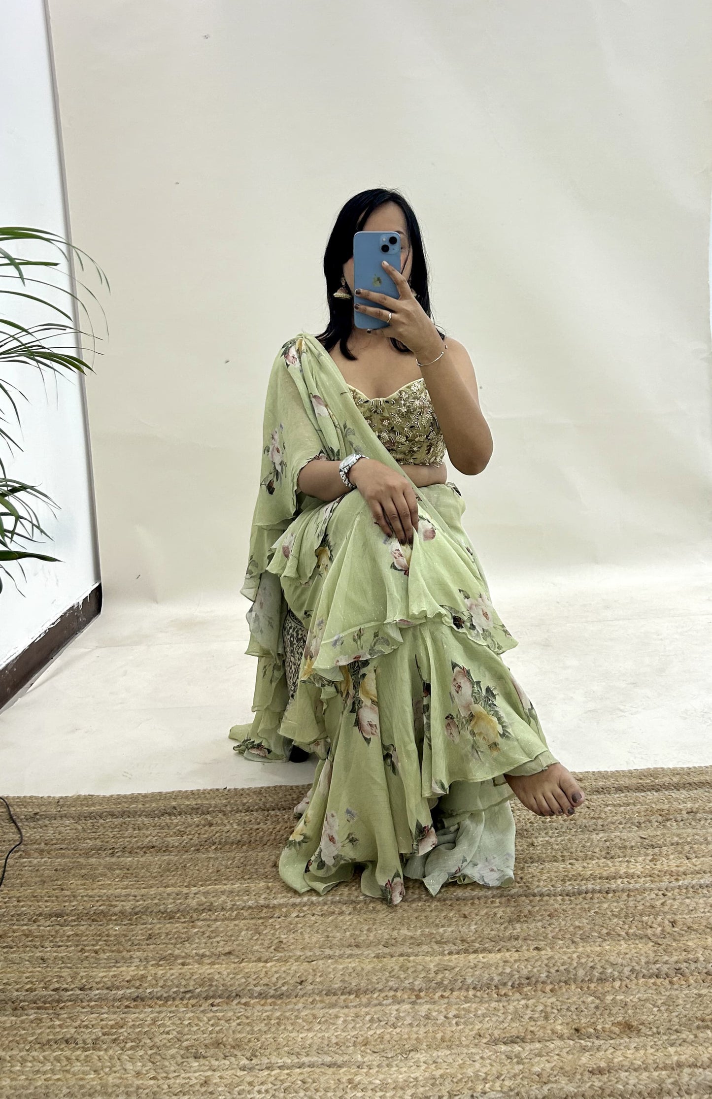 Mahima Mahajan SAge Green Embellished Ruffle Saree