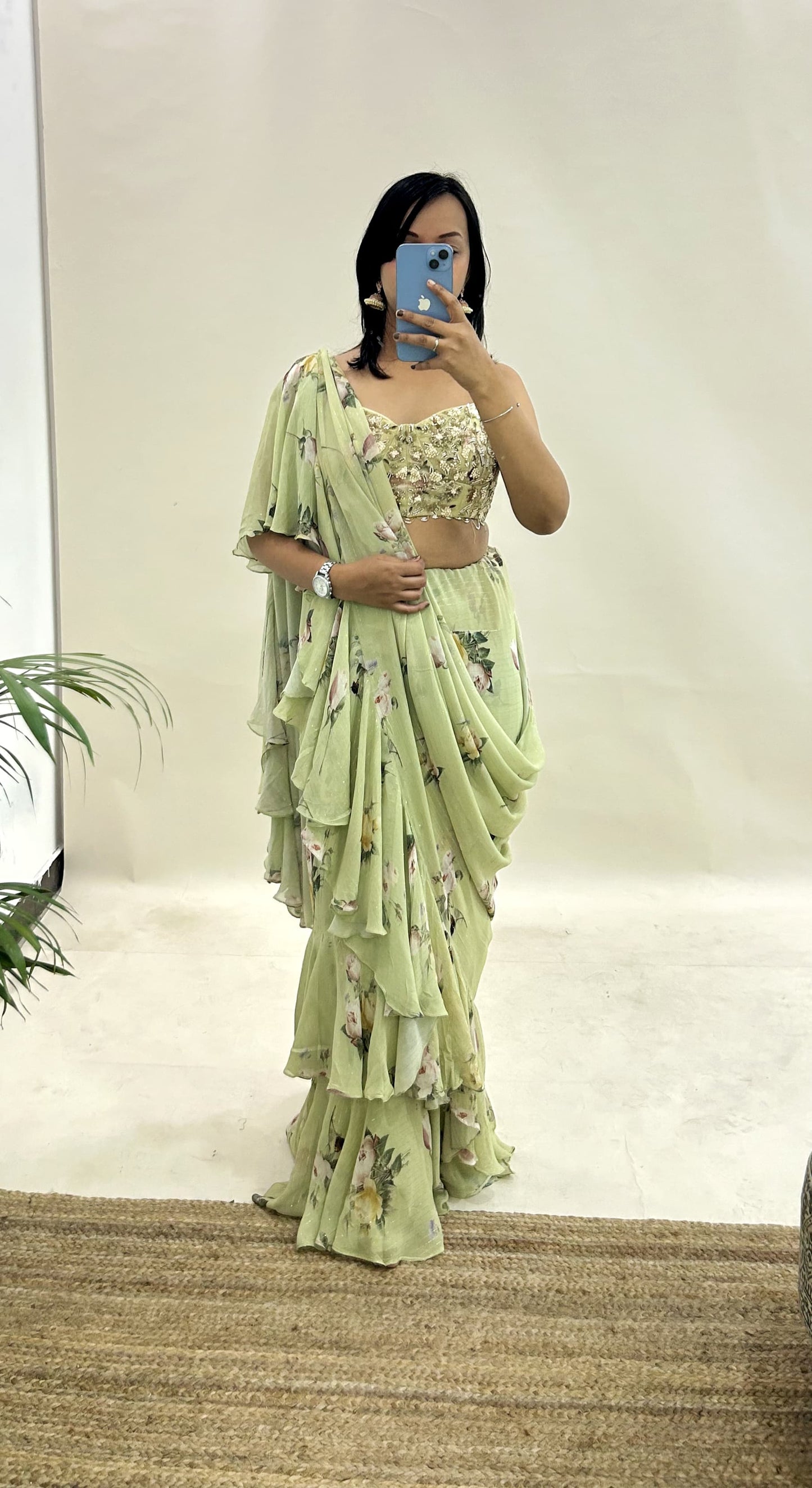 Mahima Mahajan SAge Green Embellished Ruffle Saree