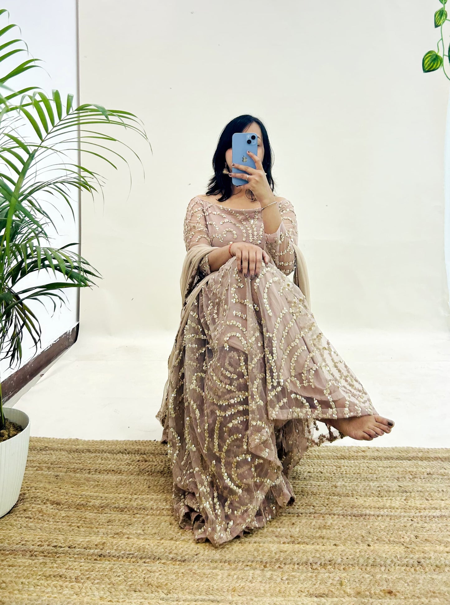 Nude Sequiin Work Suit Garara Set