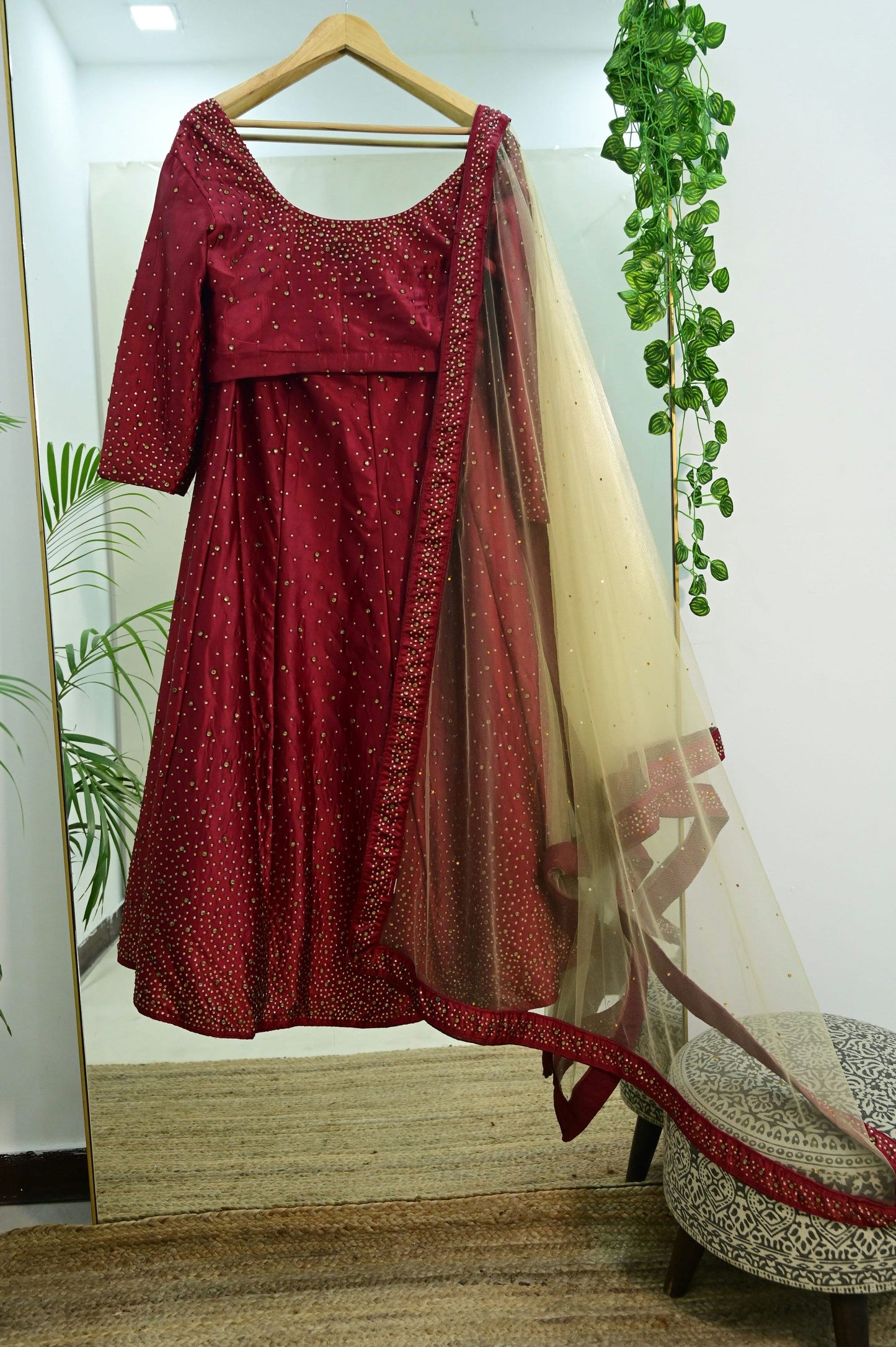 Maroon Mukaish Work Lehenga Set