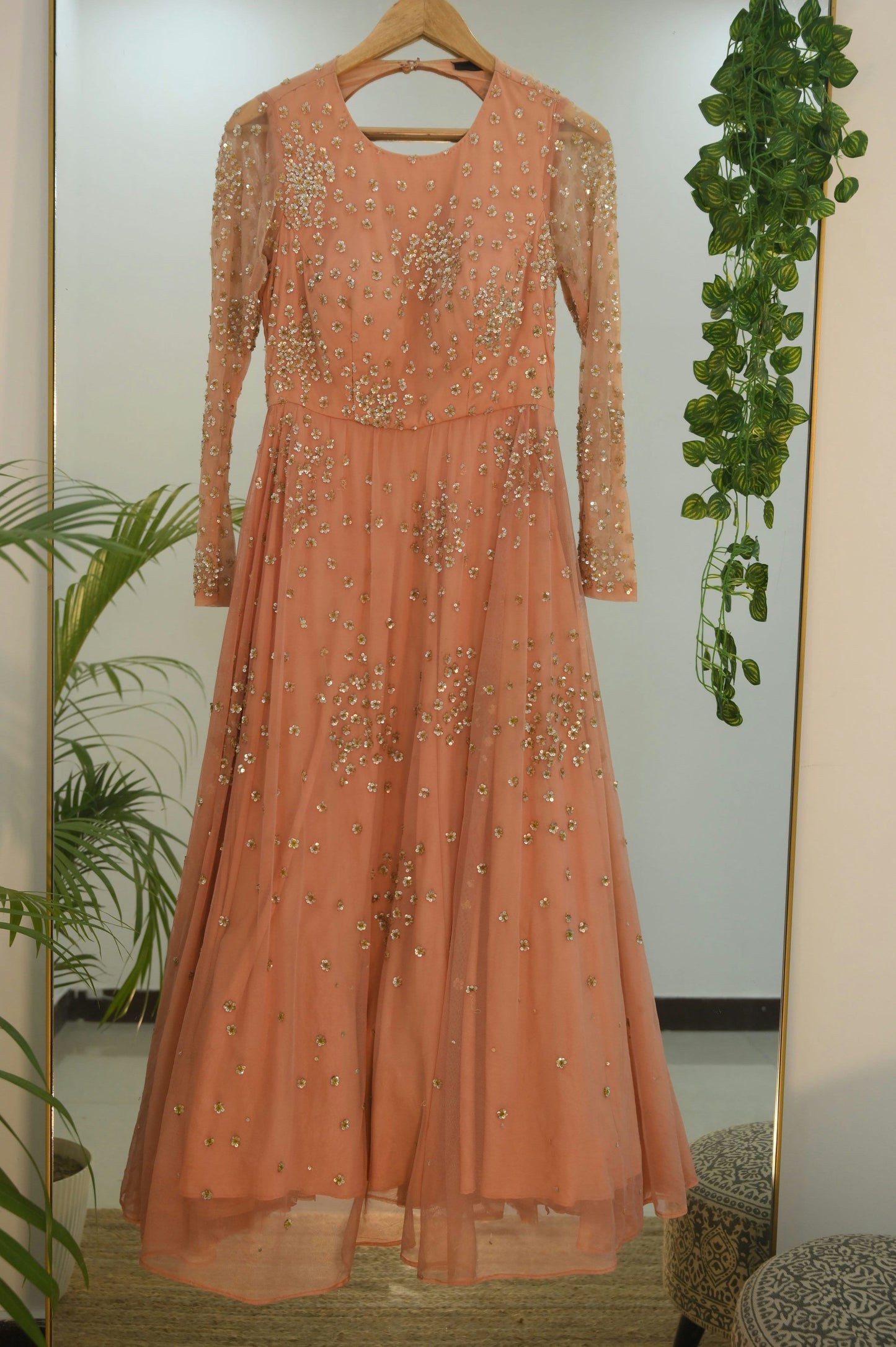 Coral Floral Embroidery Gown