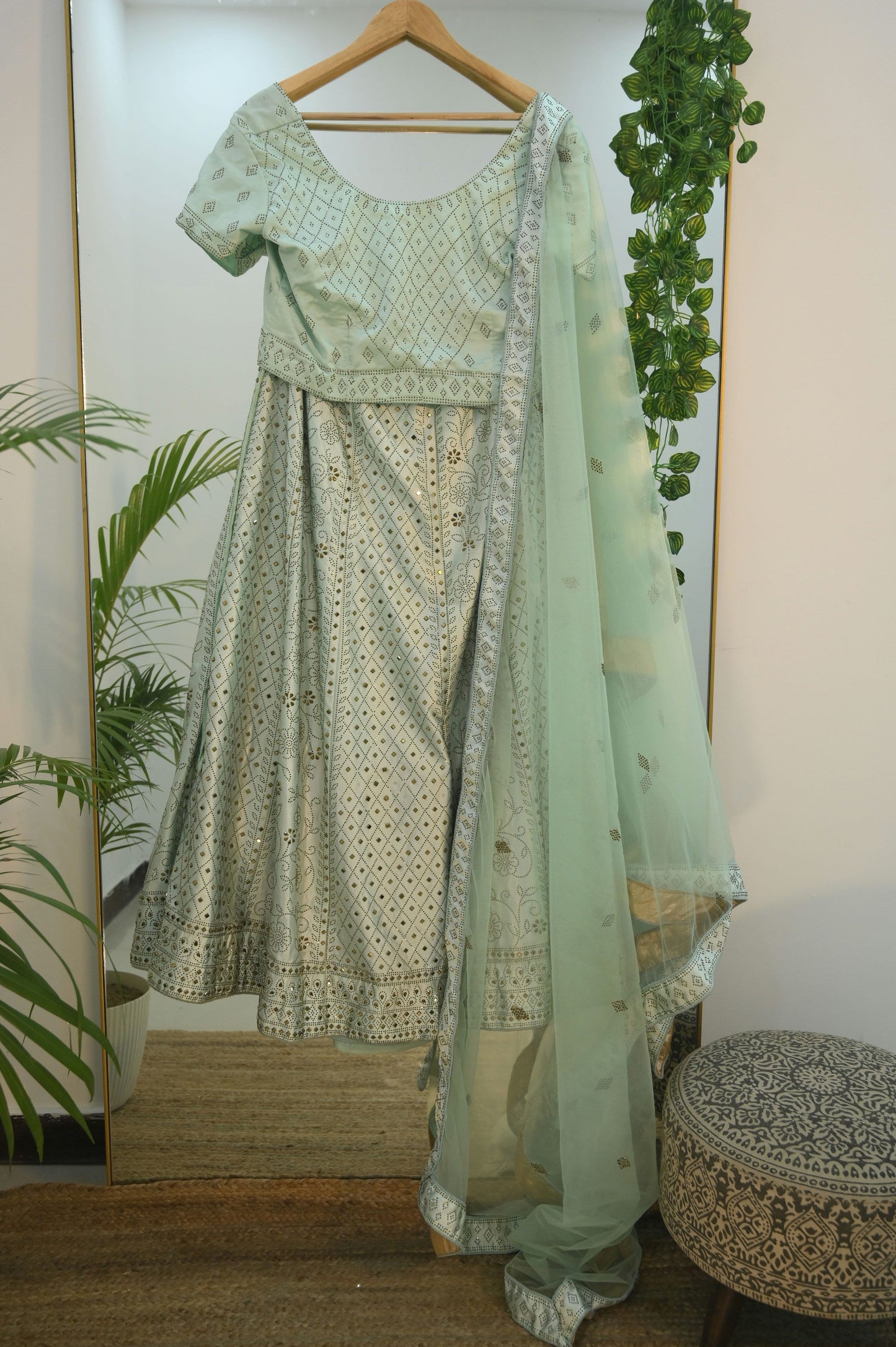 Sage Green Mukaish Work Lehenga