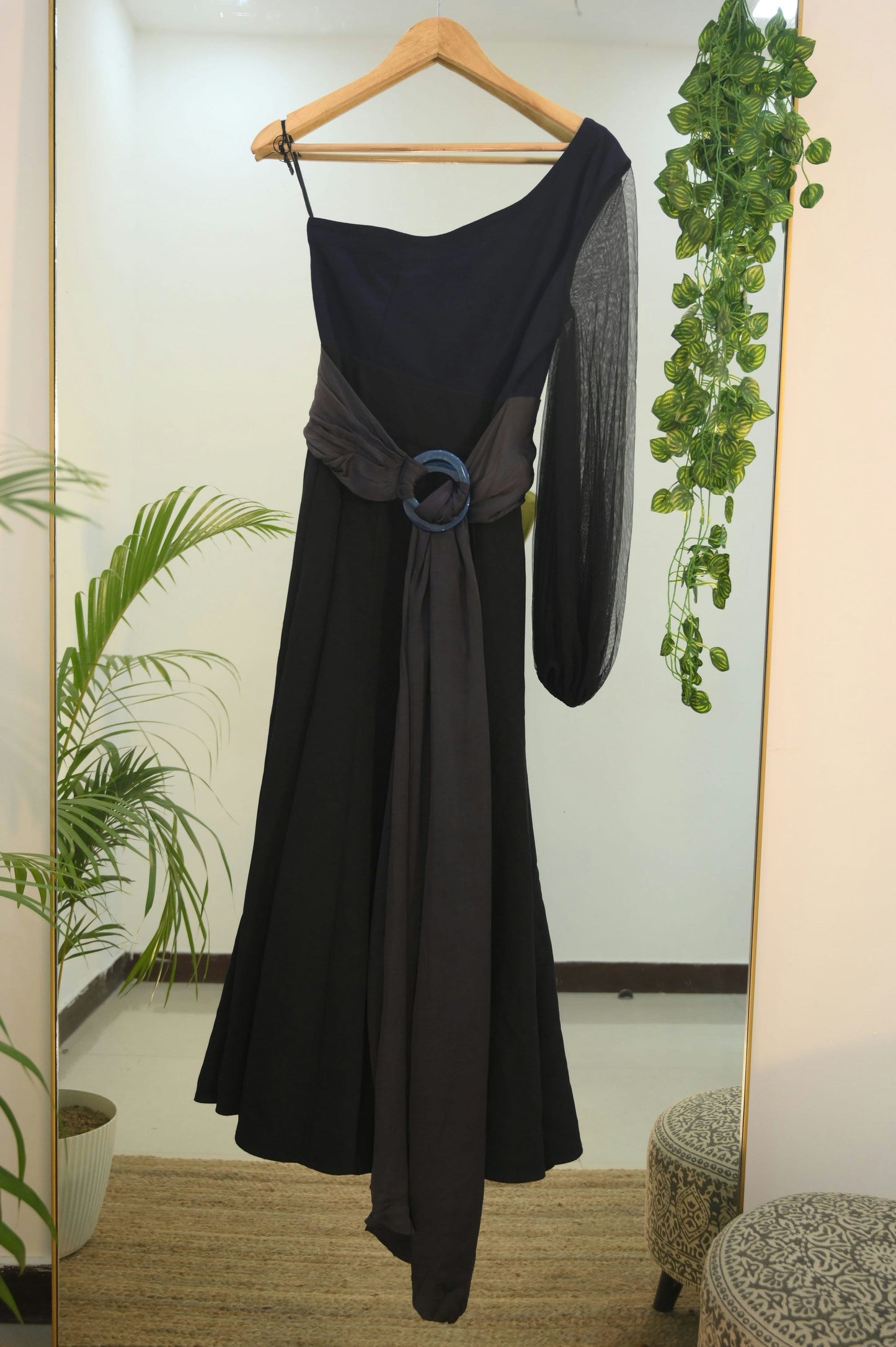 Black One Shoulder Tie Up Dress