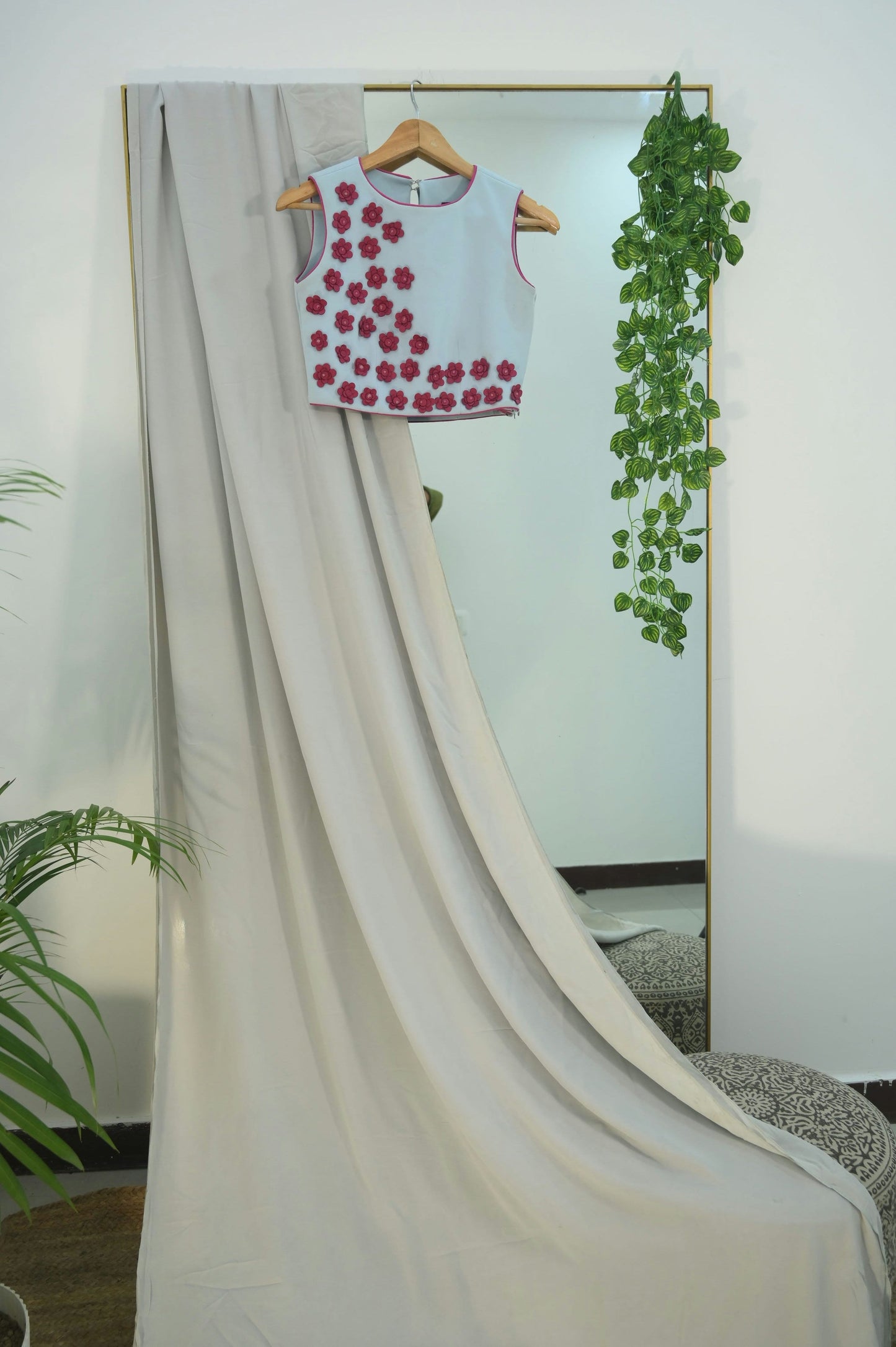 Applique Work Red and Grey Saree