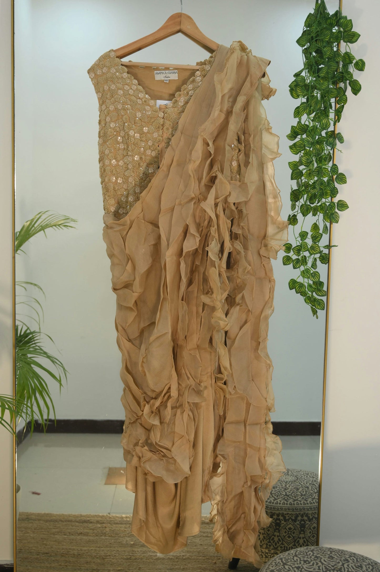 AK Beige Ruffle Saree