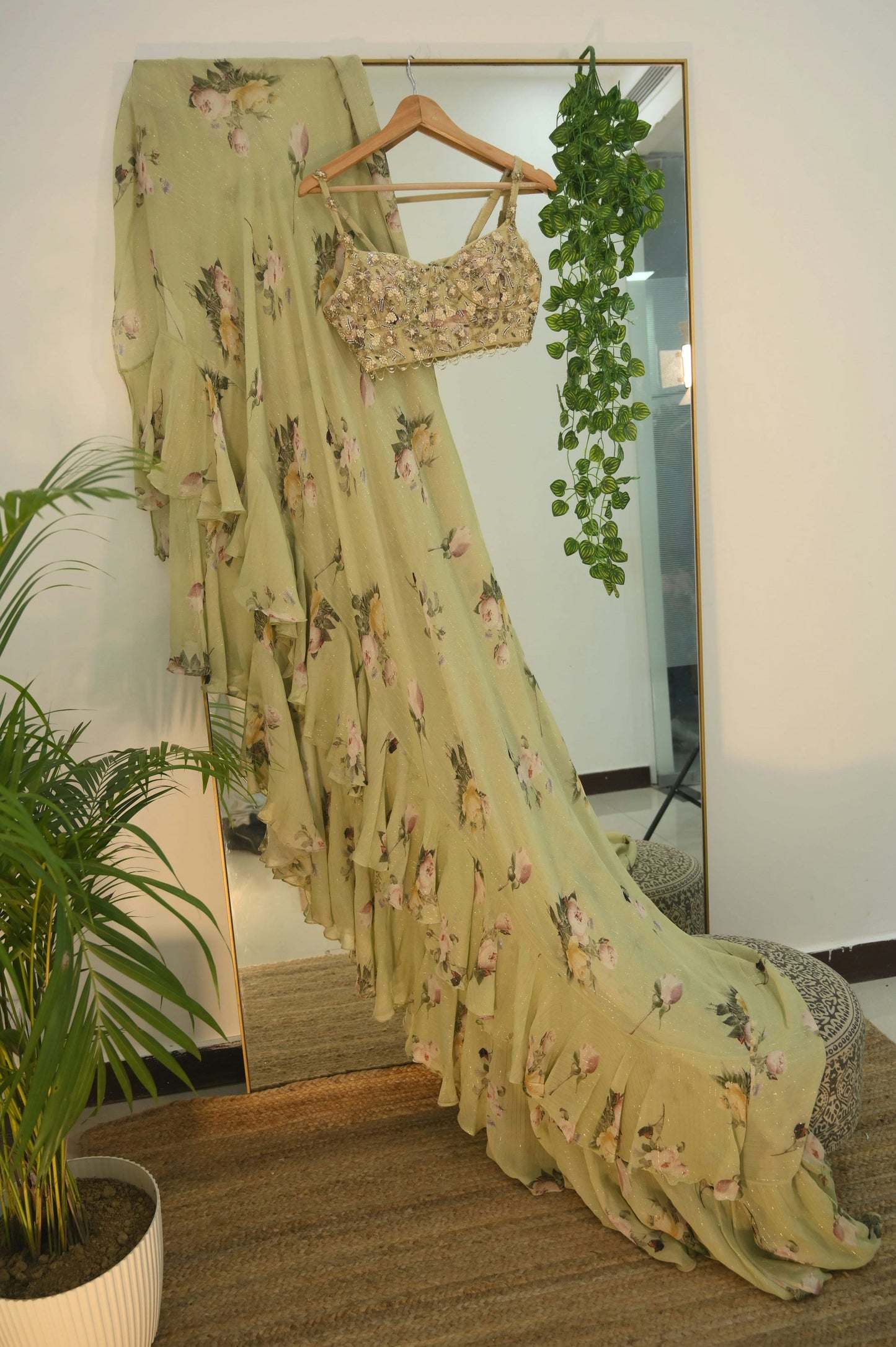 Mahima Mahajan SAge Green Embellished Ruffle Saree