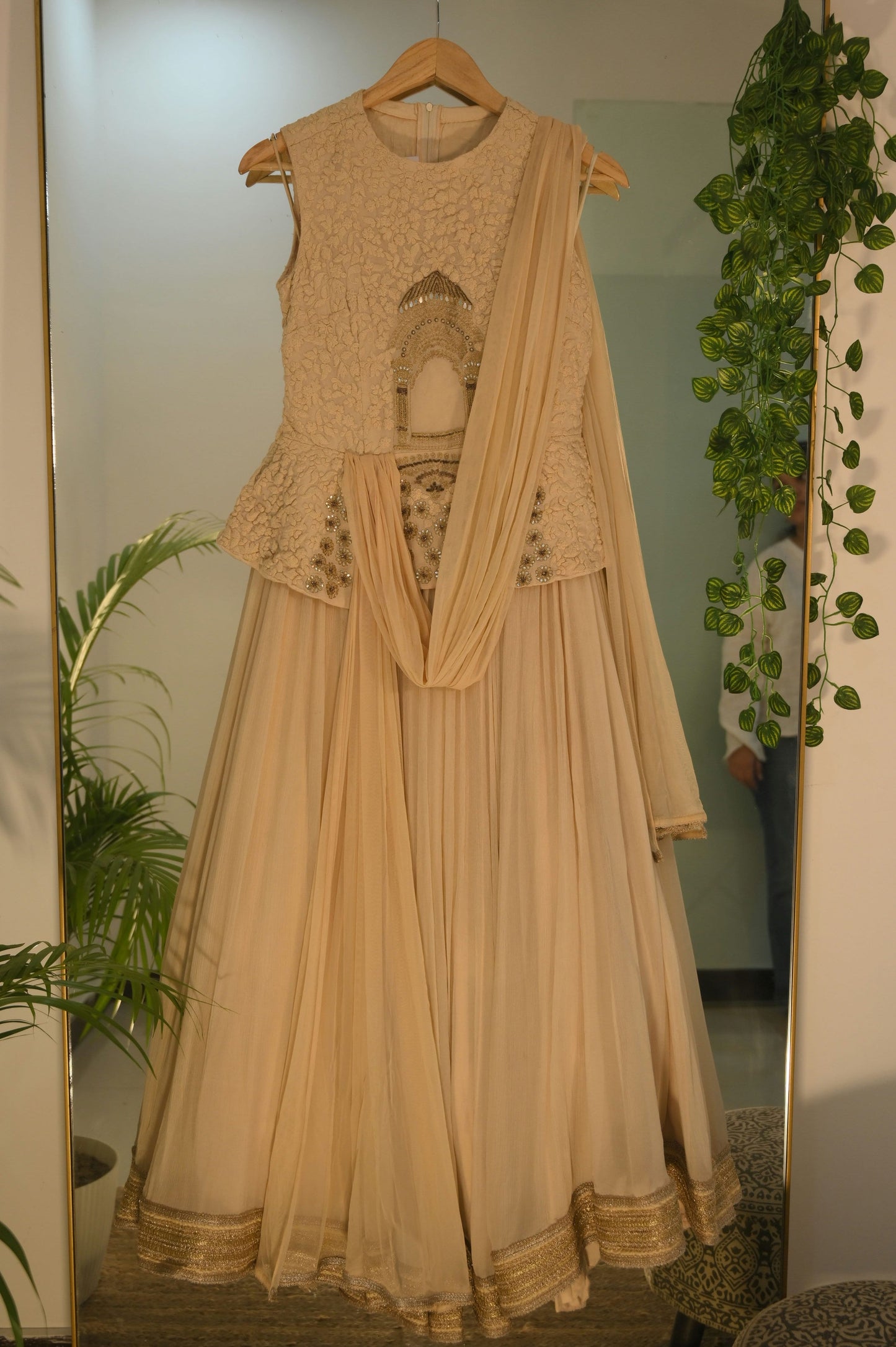 Embroidered Nude Peplum Gown