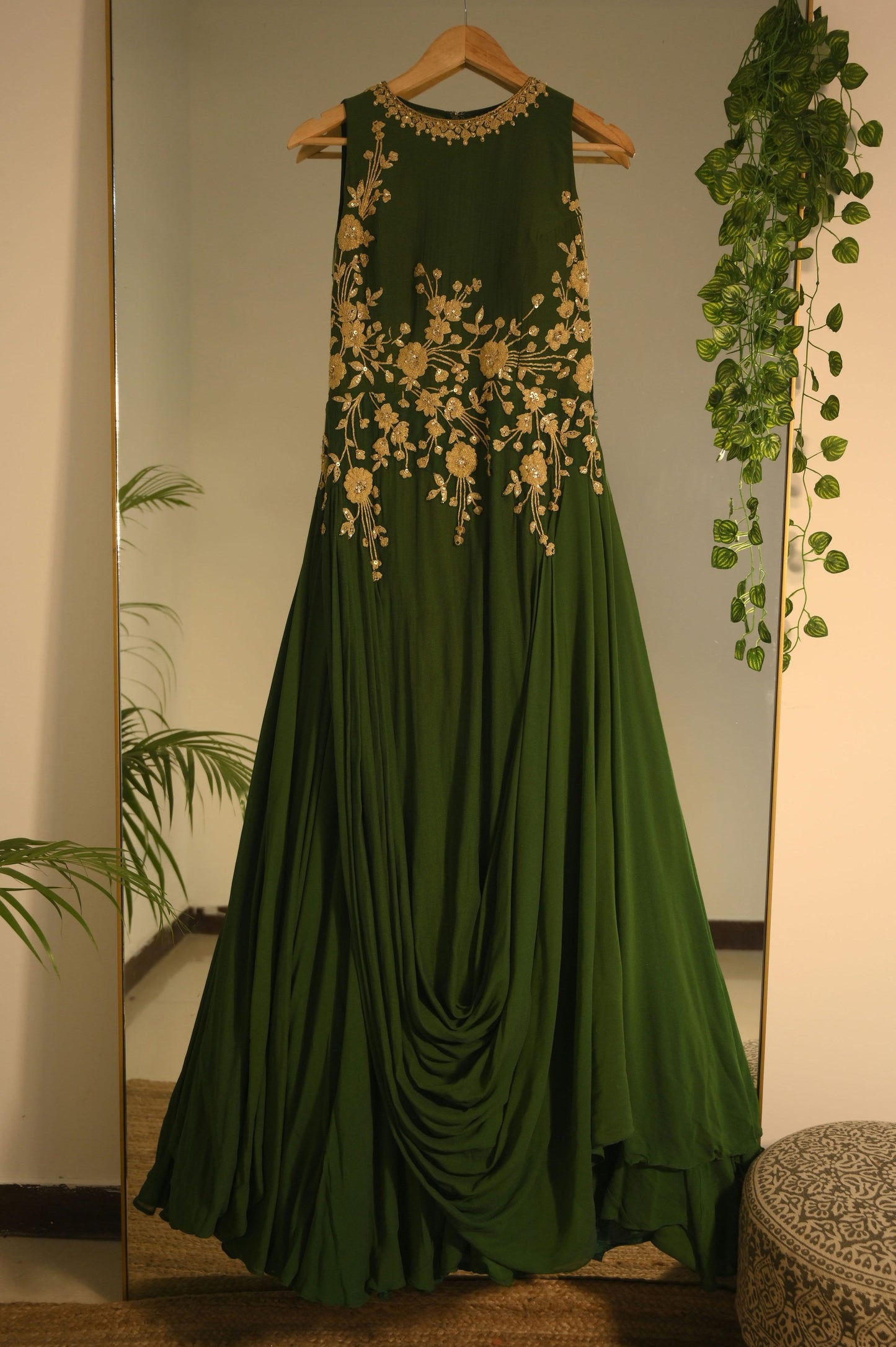 Green pearl embellished gown