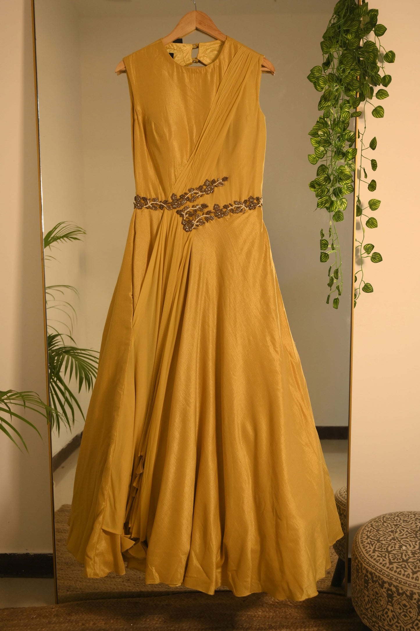 Mustard yellow zardosi pearl work gown