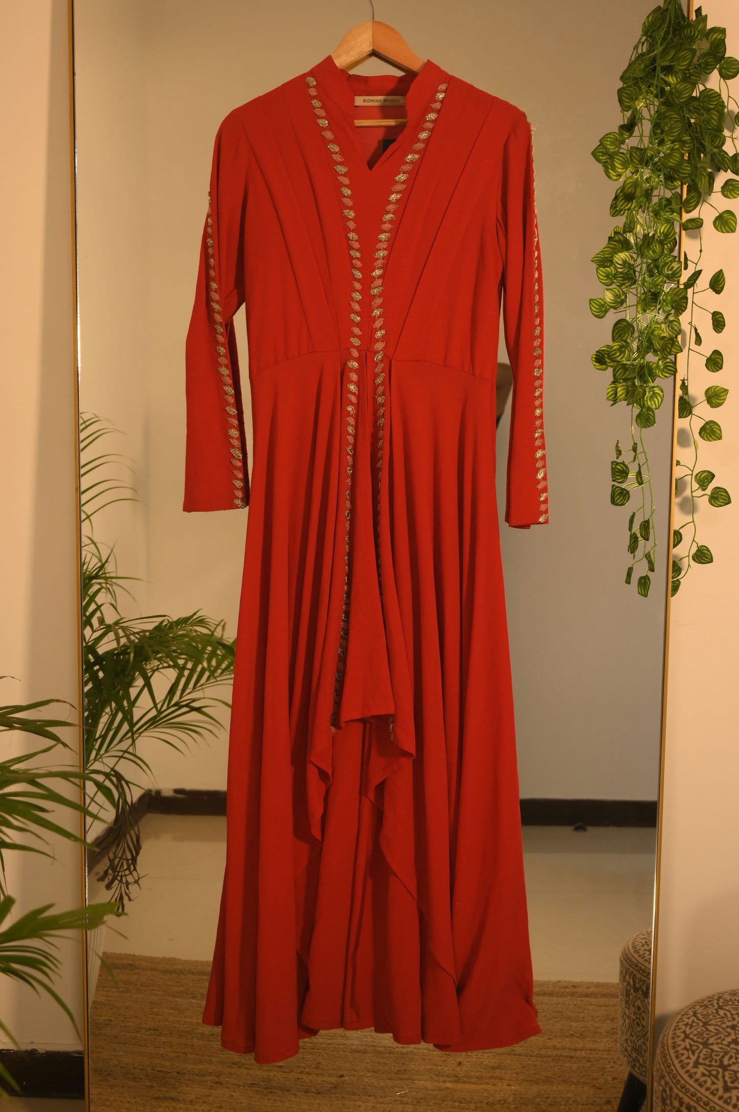 Red pleated high low dress