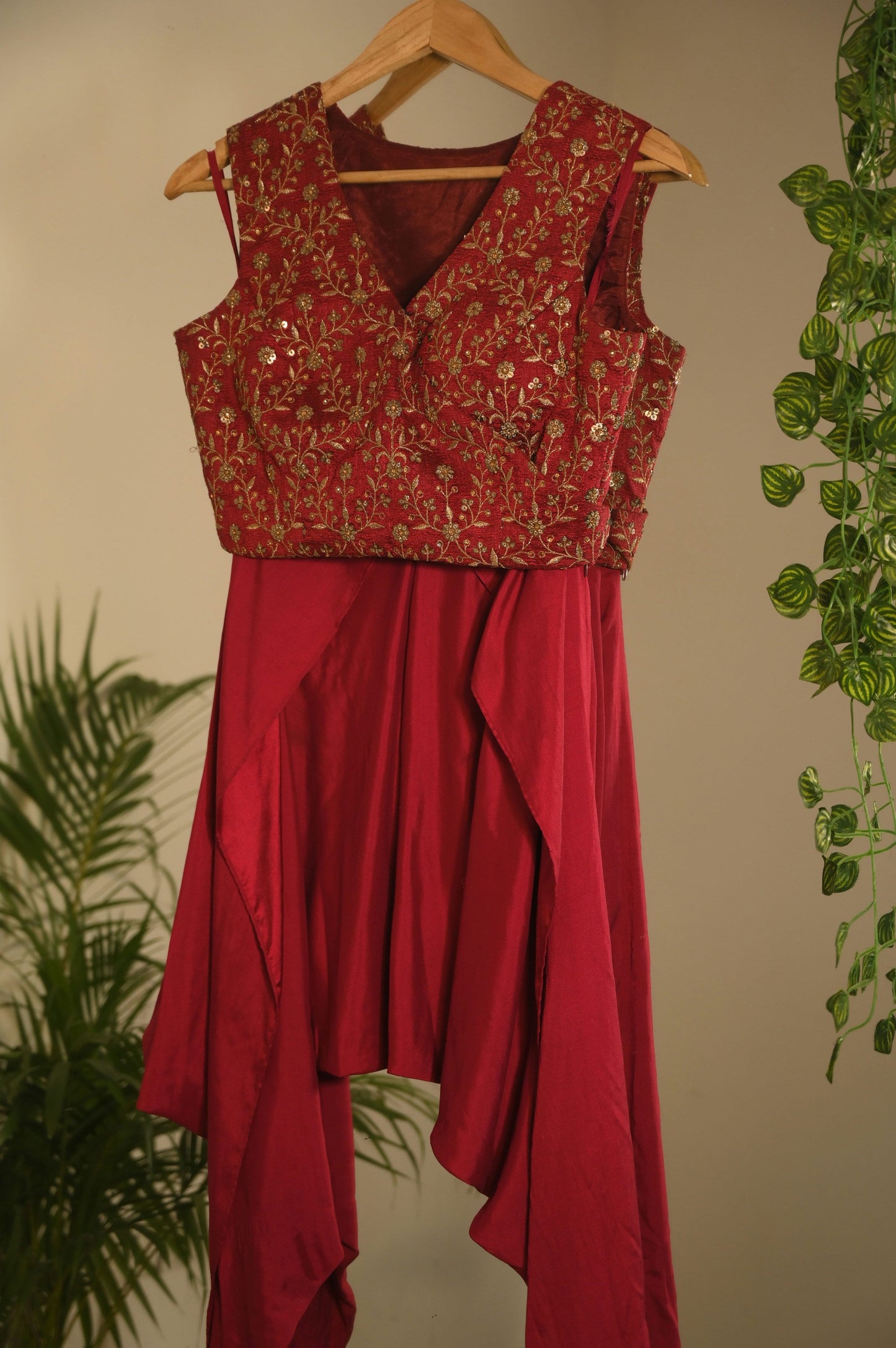 Embroidered magenta dhoti set
