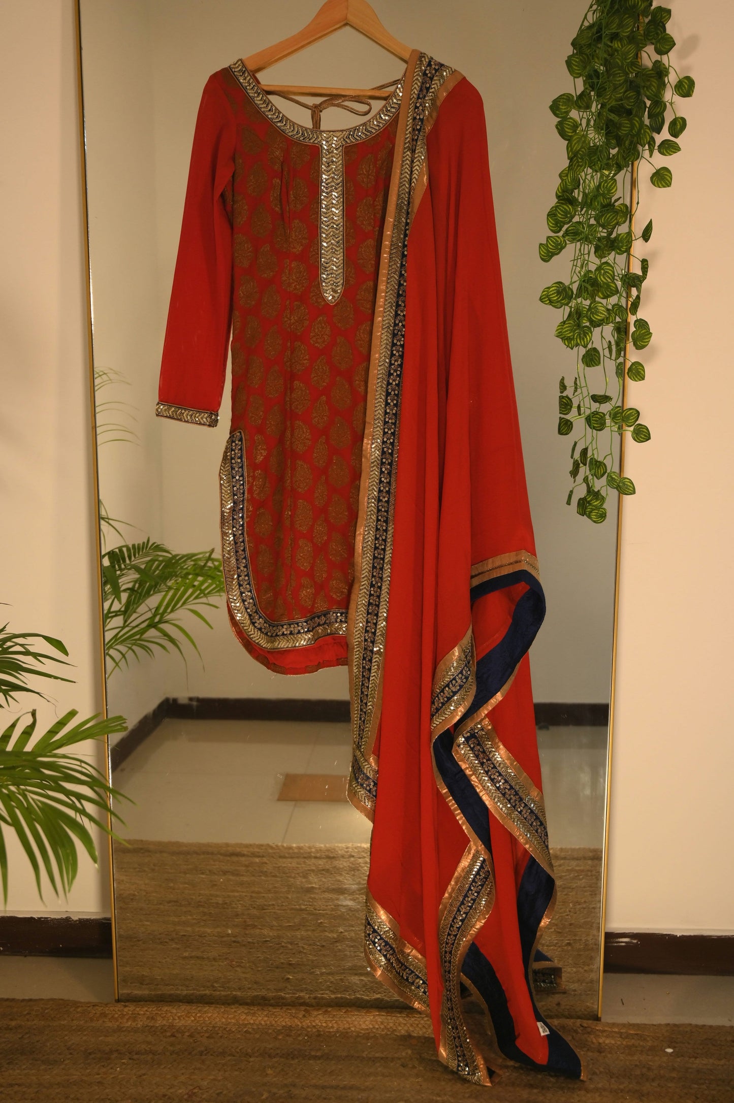 Red Sequin Work Kurta with Heavy Dupatta