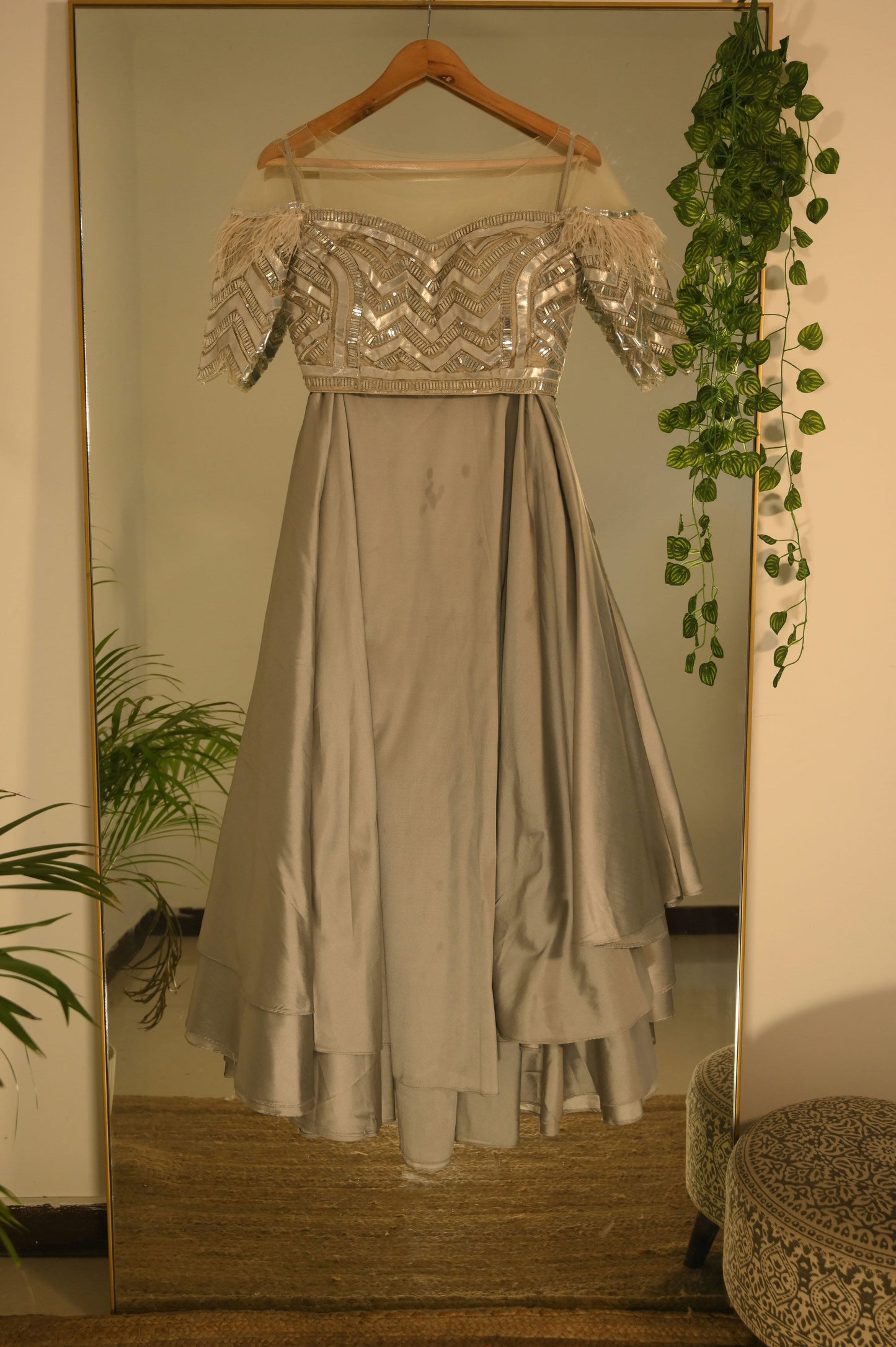 Metallic Embellished Blouse with Grey Lehenga