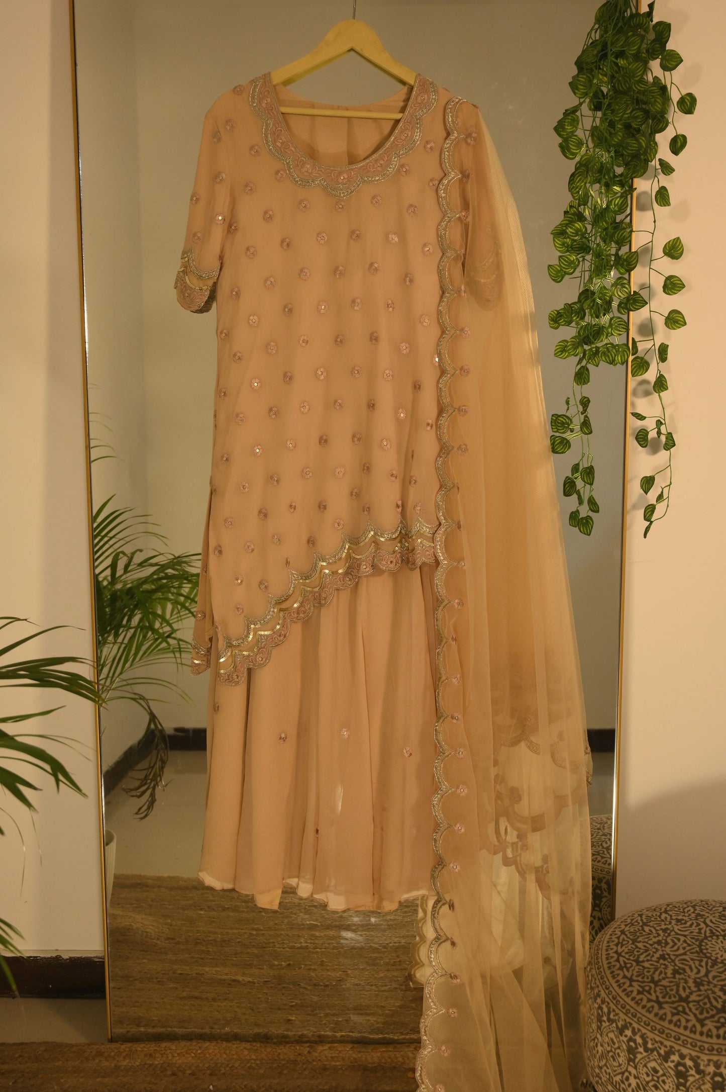 Nude Embroidered Scalloped Hemline Suit Set