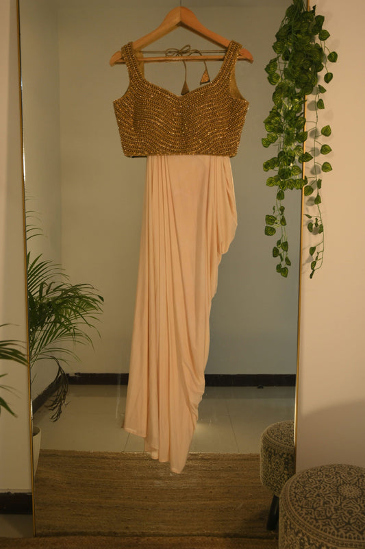Golden Embellished Blouse with Draped Skirt