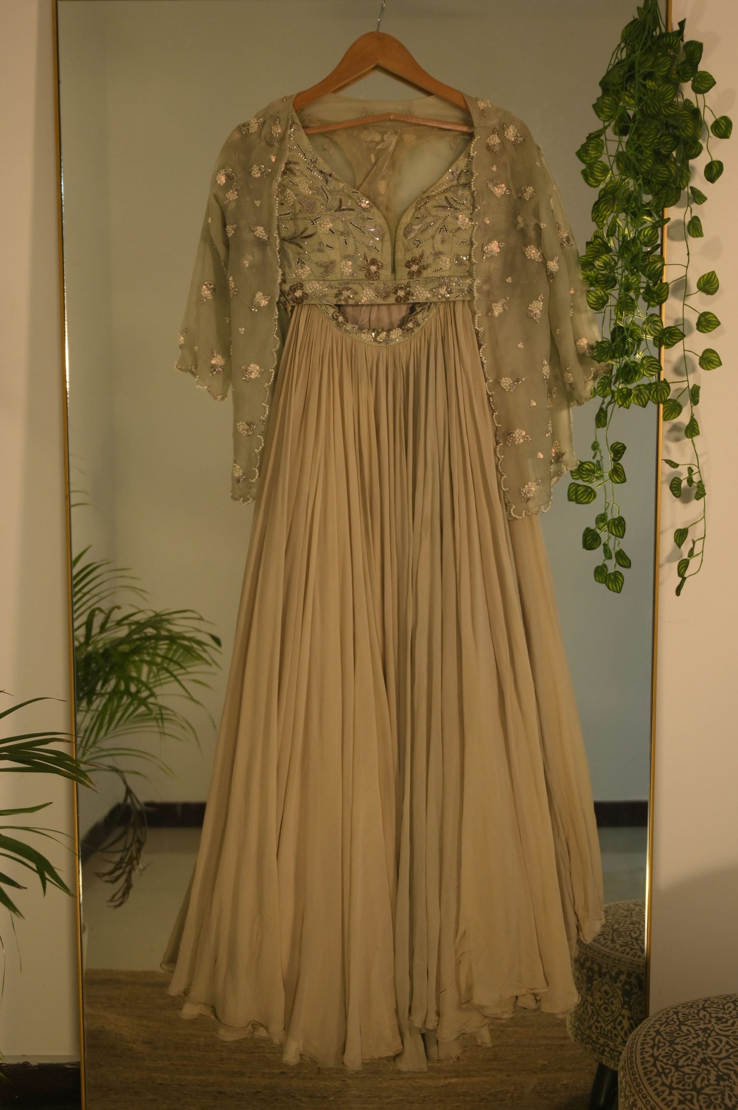 Sequin and Pearl Embroidered Lehenga with Plunging Neckline Blouse