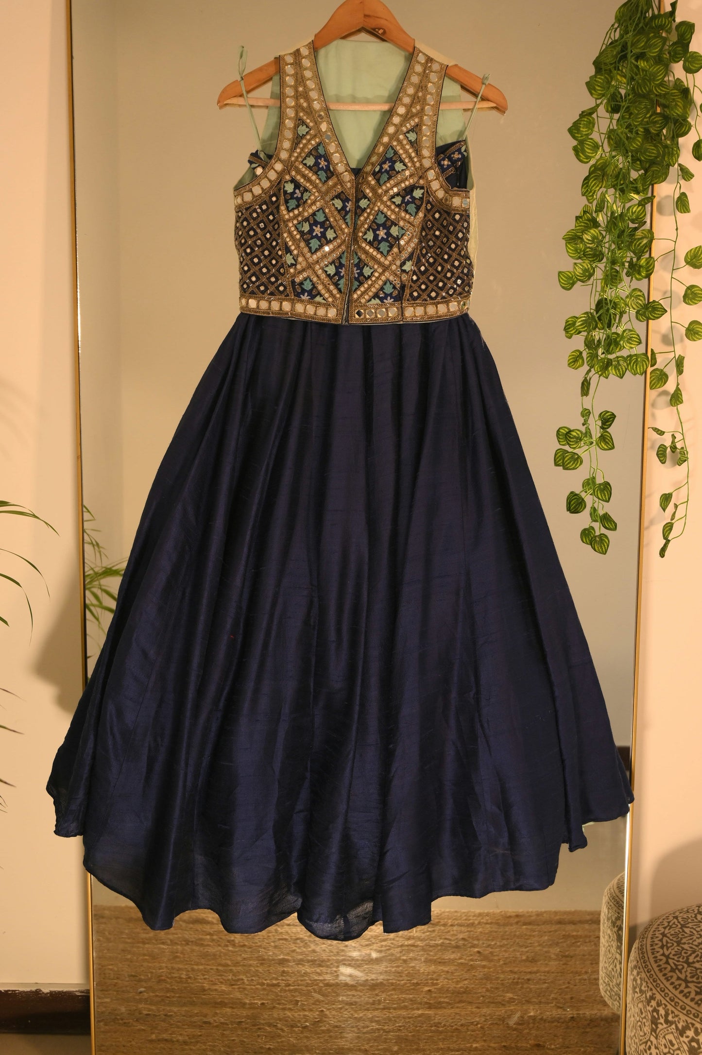 Mirror Work Blouse with Blue Lehenga