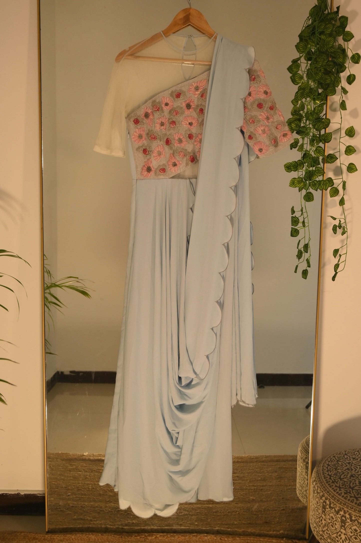 Powder Blue Embroidered Drape Saree