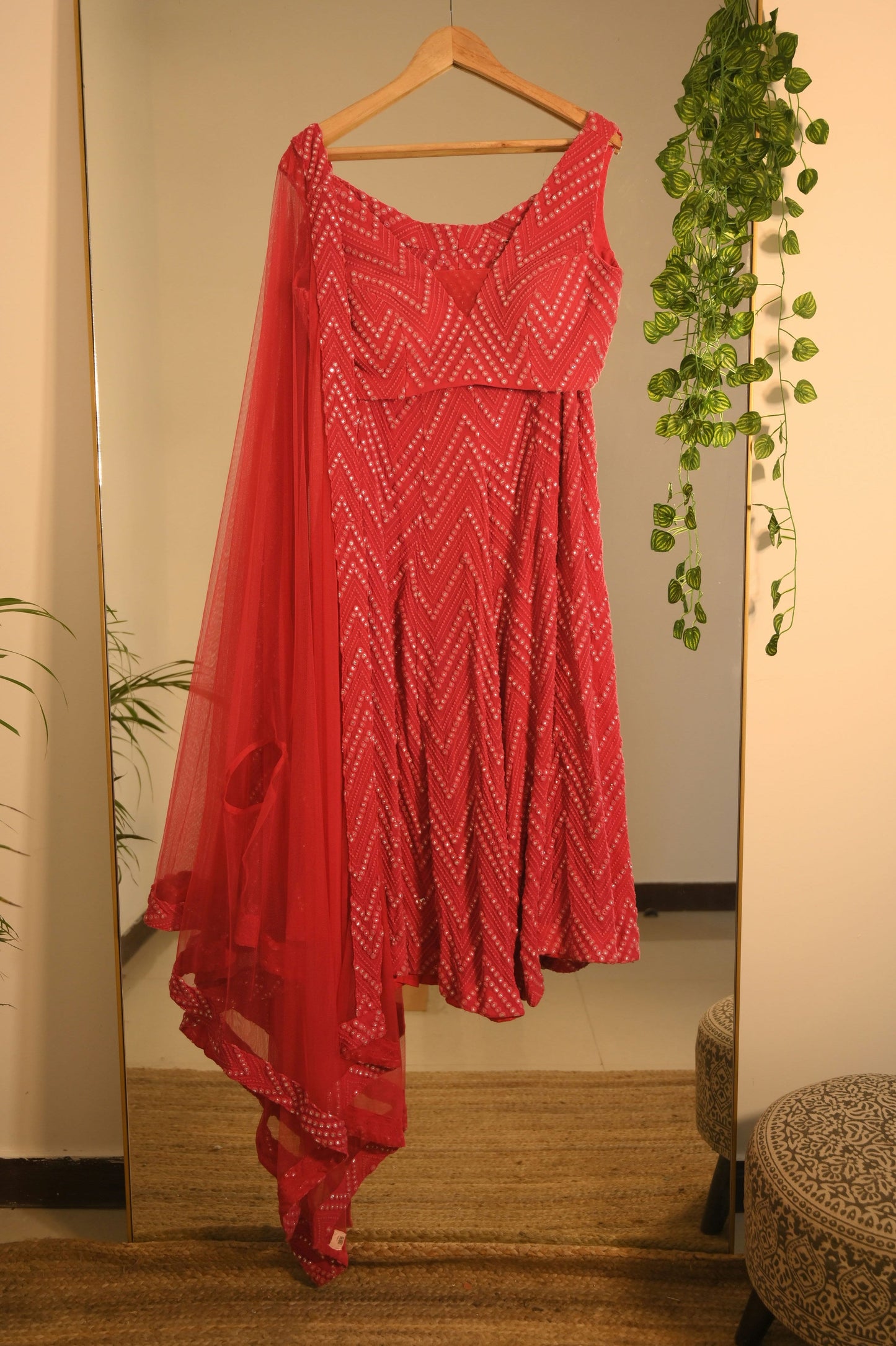 Red Mirror Work Flared pant set
