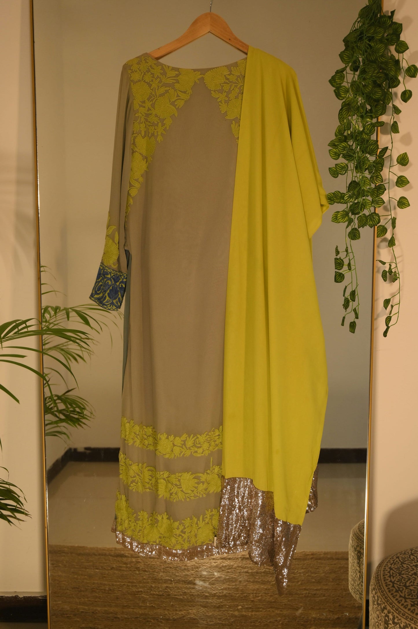 Grey Kurta with Kashida Embroidery and Sequin Detailing