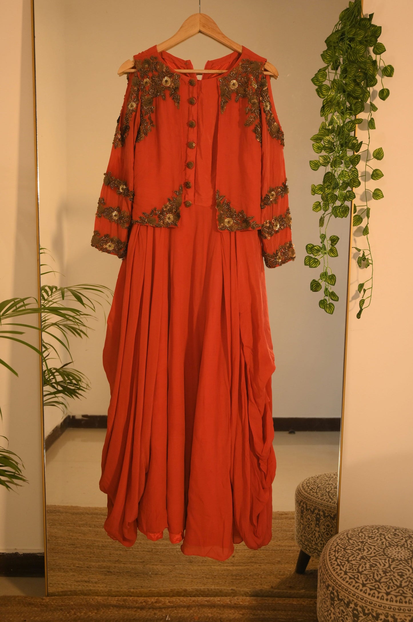 Red Cold Shoulder Zardosi Drape Gown