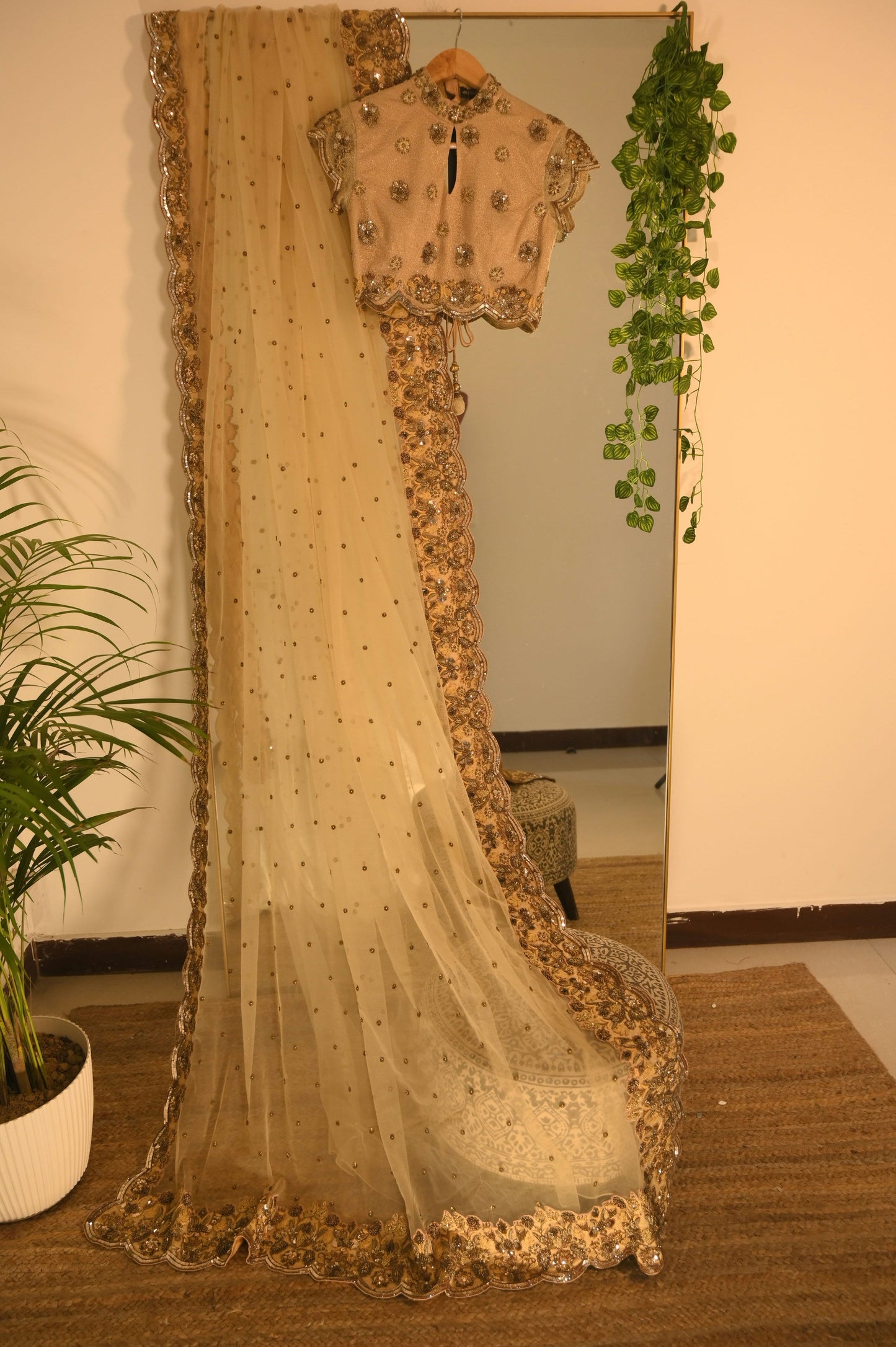 Net Sequined Saree in Beige