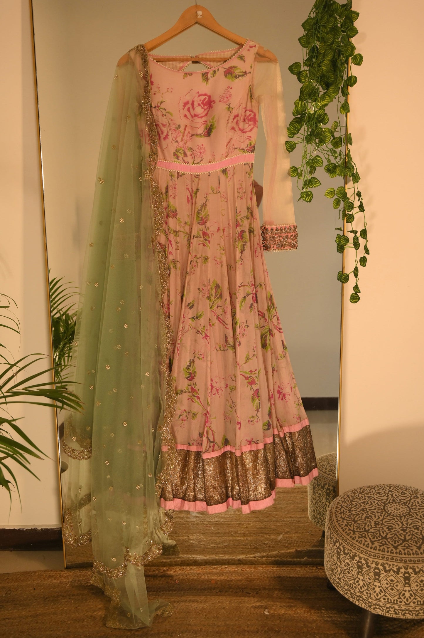 Pink Floral Printed Lehenga with Zardosi Detailing