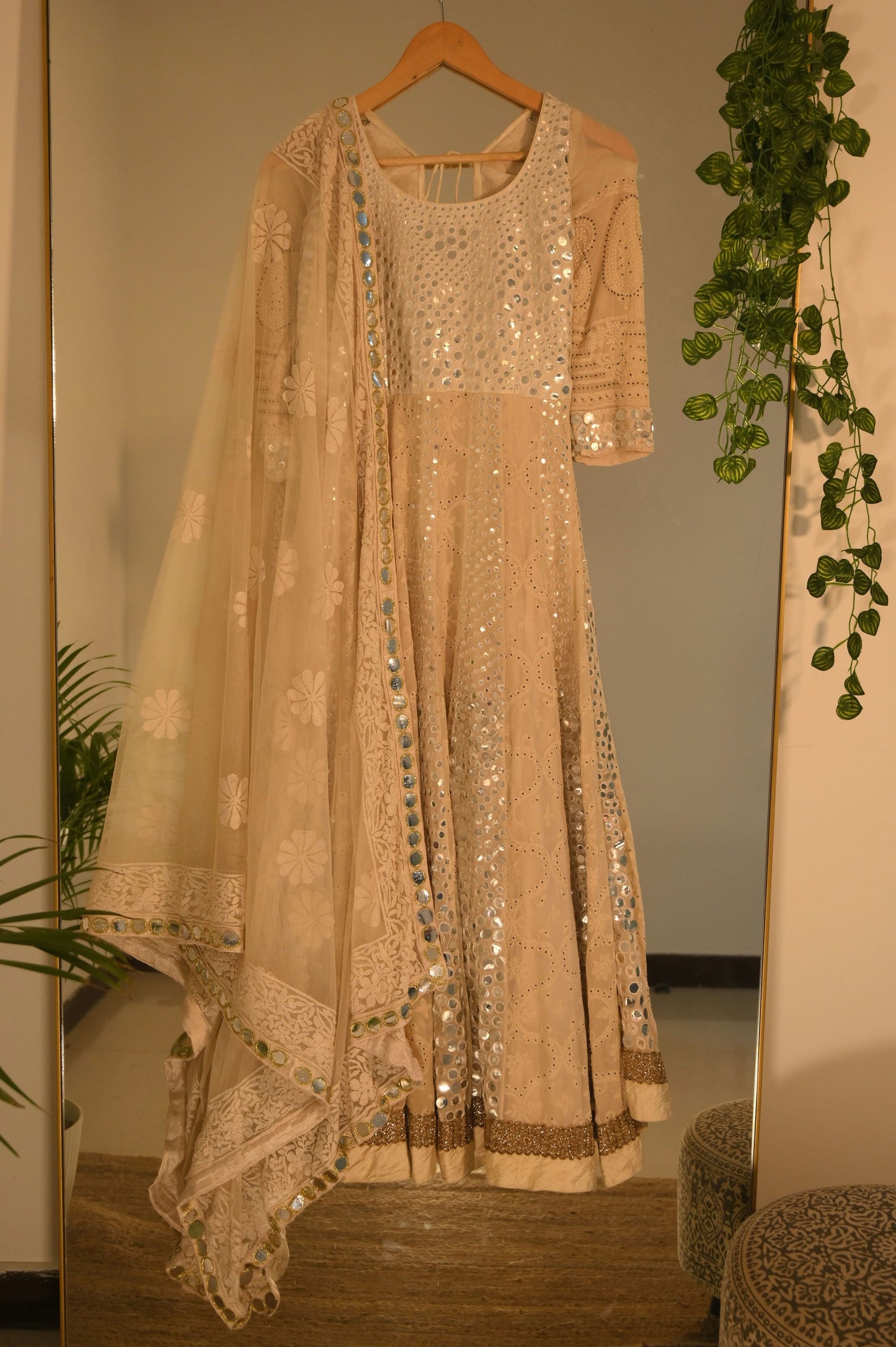 White Chikankari and Mirror Work Anarkali