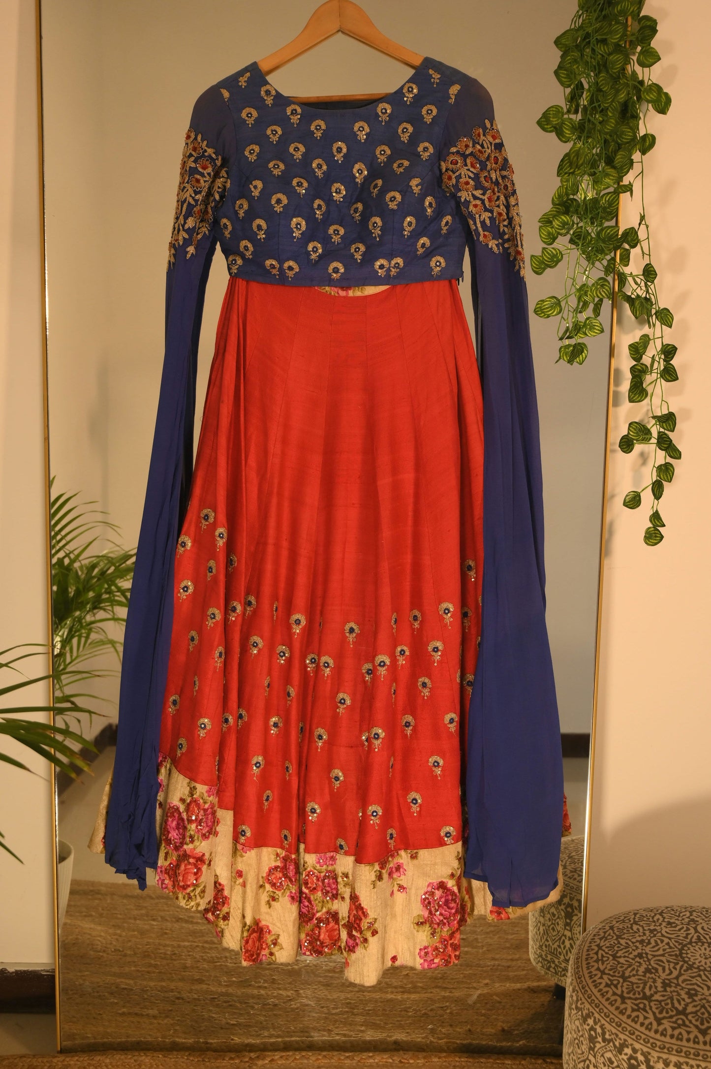 Ari Work Navy Blouse with Red Lehenga
