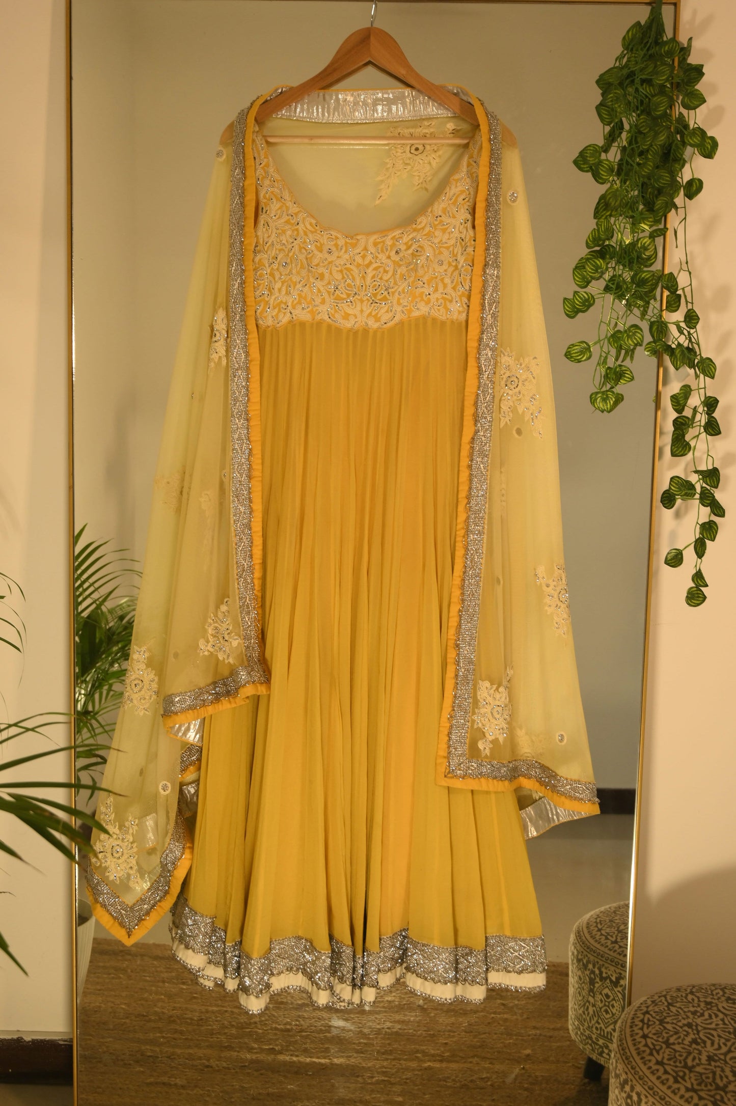 Yellow Anarkali with Pearlwork