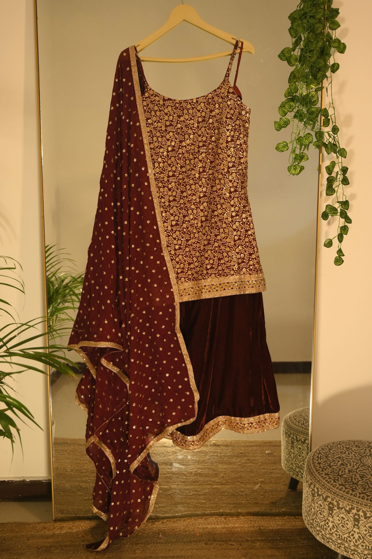 Mahroon Zari Work Kurta with Velvet Garara