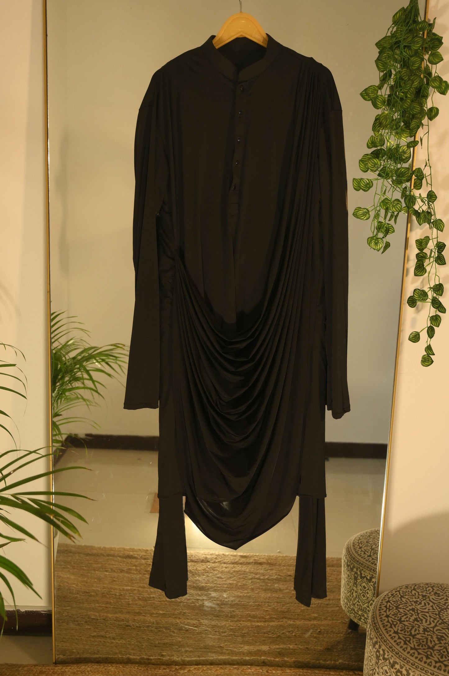 Solid Black Kurta with Draped Details