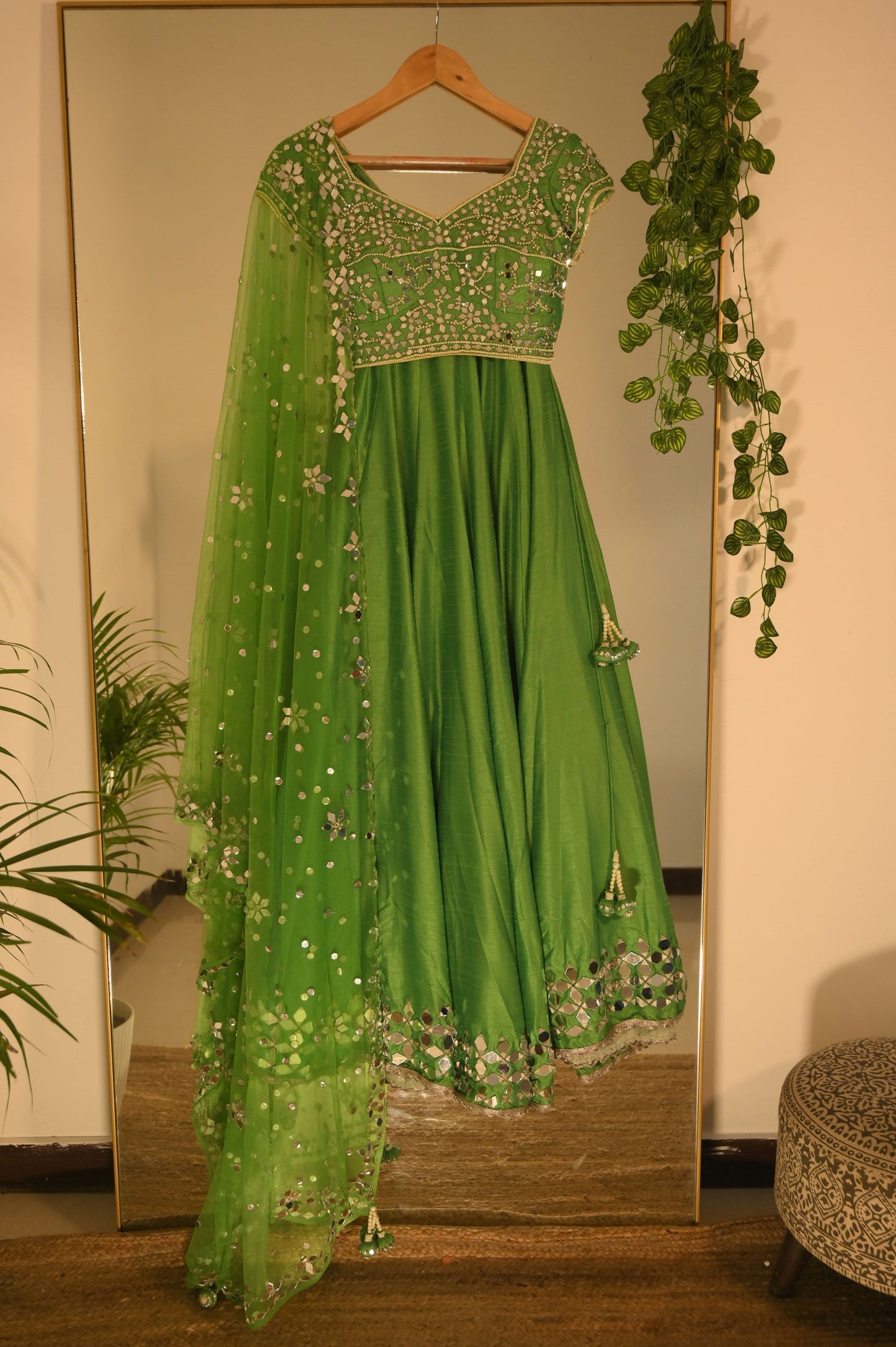 Green Mirrorwork Lehenga Set