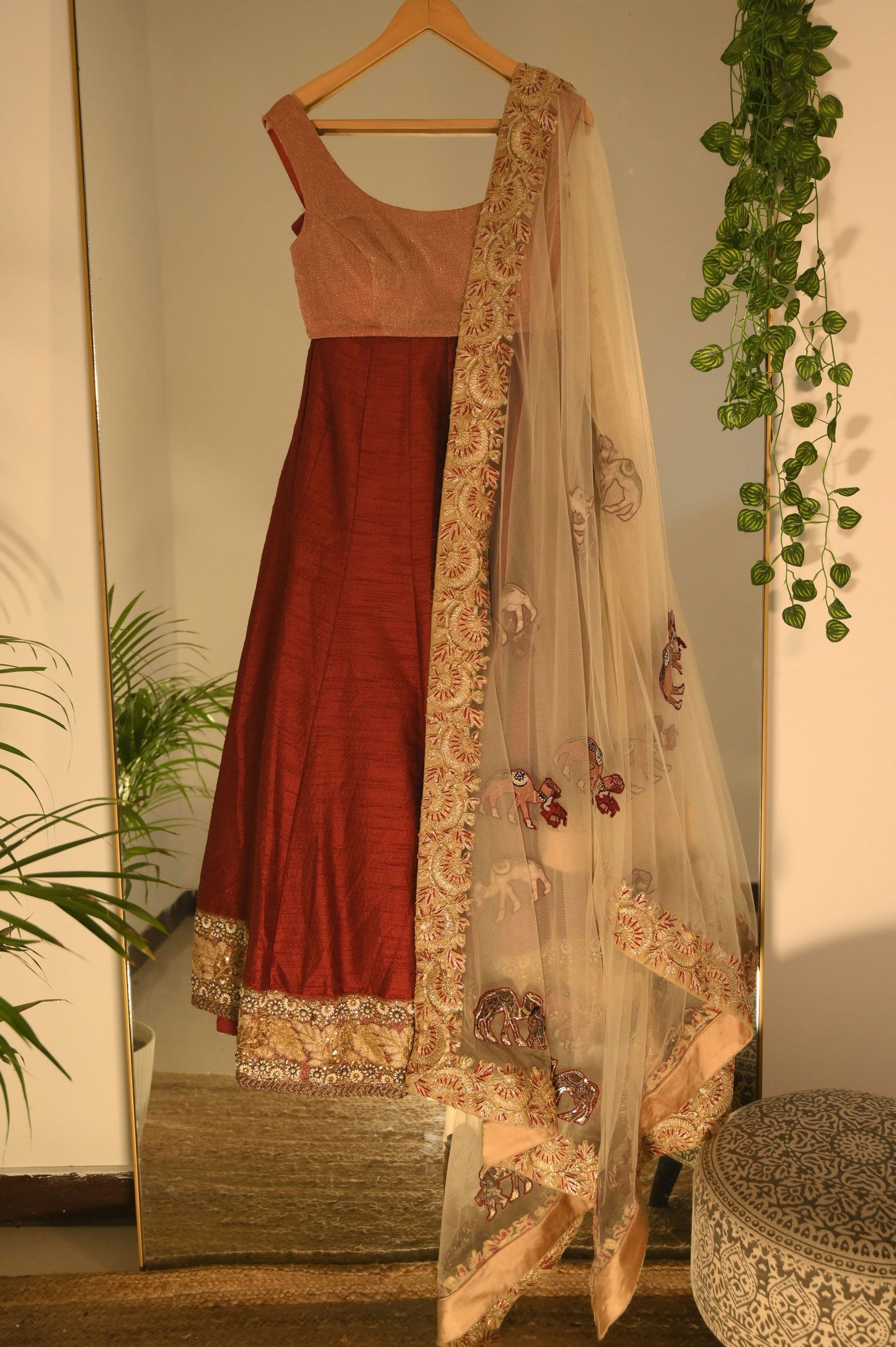 Mahroon Lehenga with Shimmer Blouse and Heavy Gota Dupatta