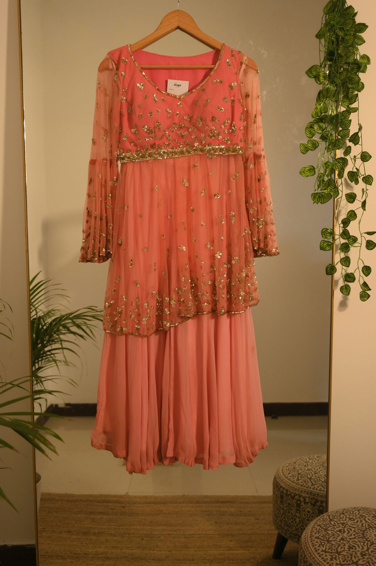 Pink Net Sequin Kurta with Gharara
