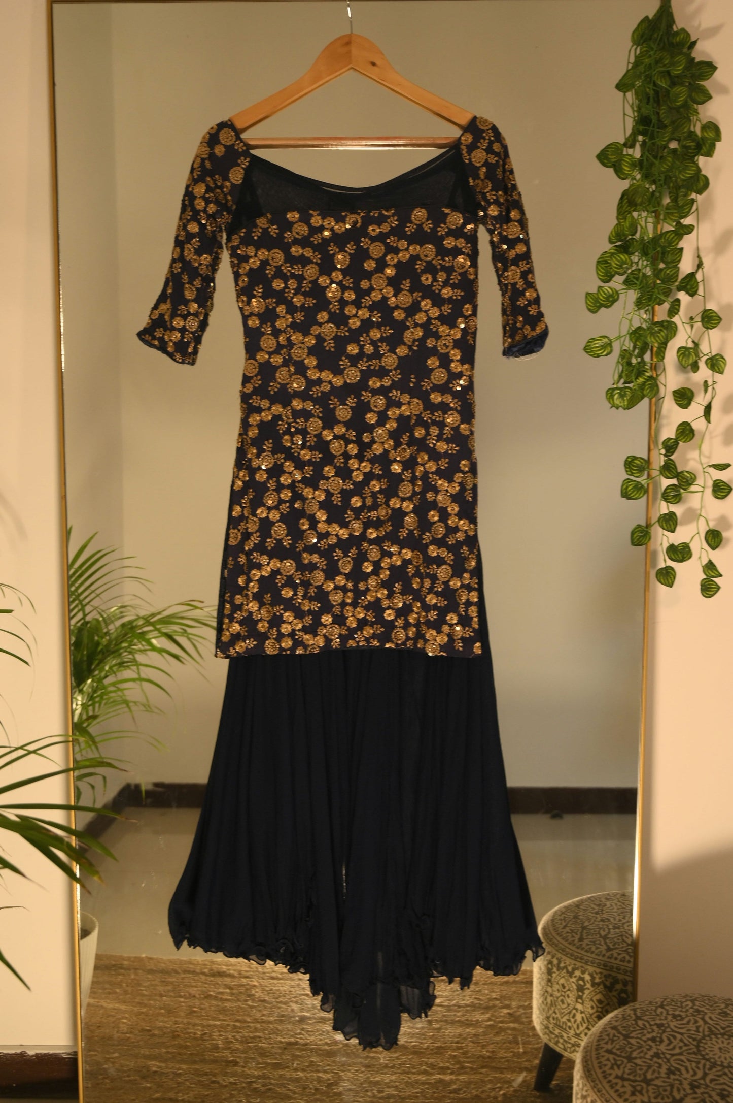 Dark Blue Zari Embroidered Kurta with Gharara