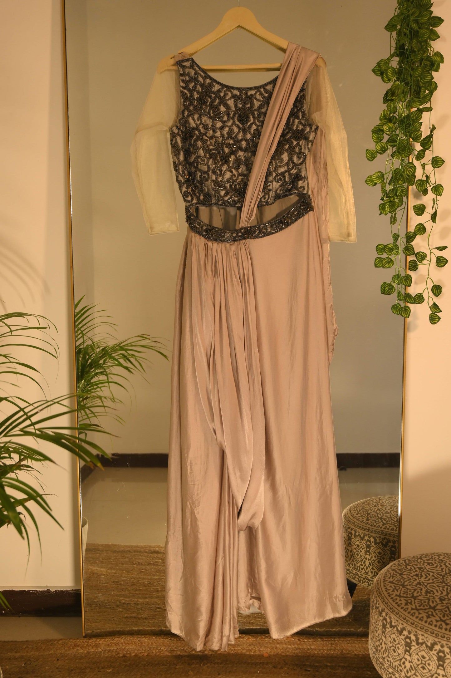 Draped Saree with Black Embellishment
