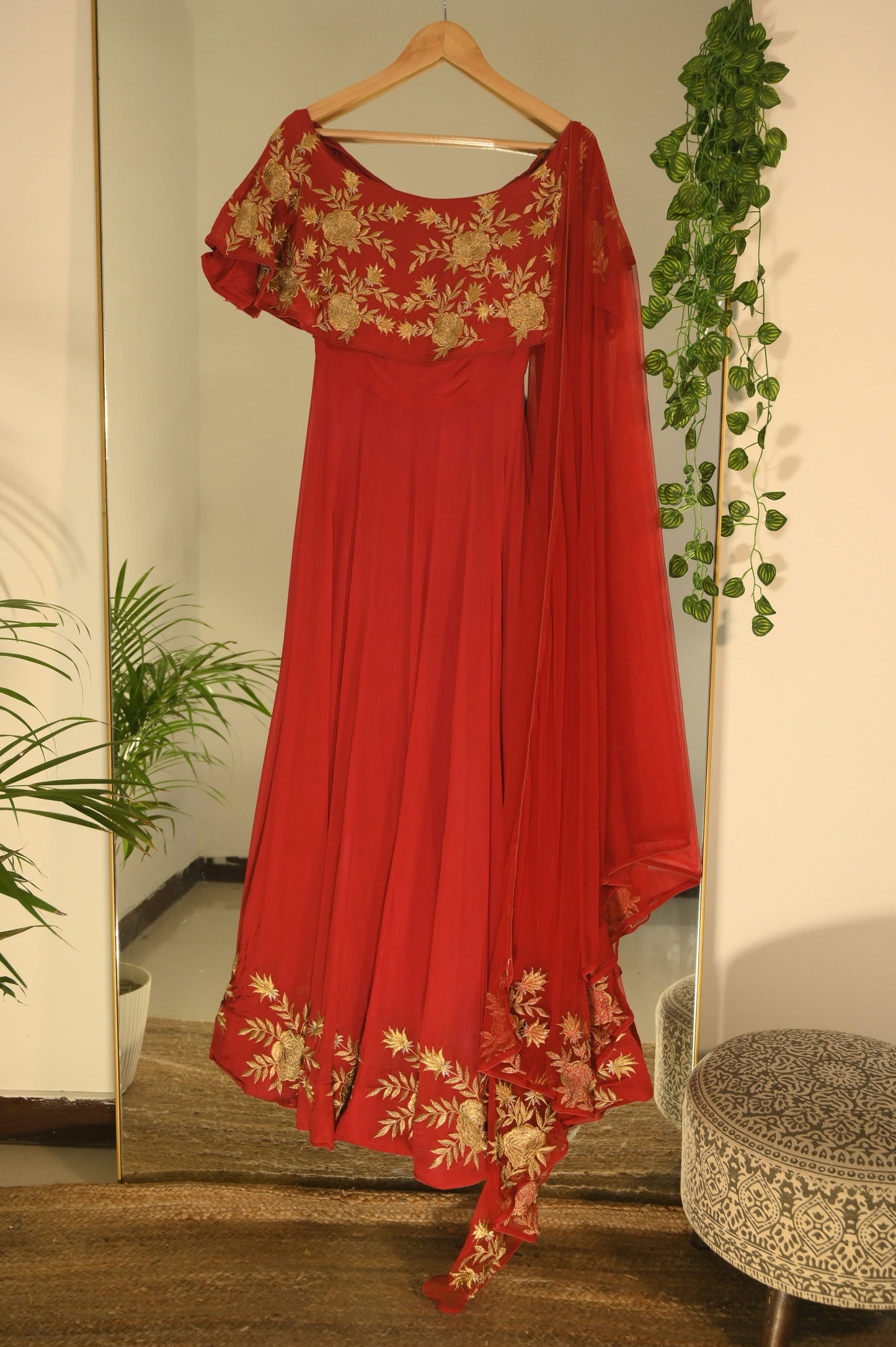 Red lehenga with Golden threadwork
