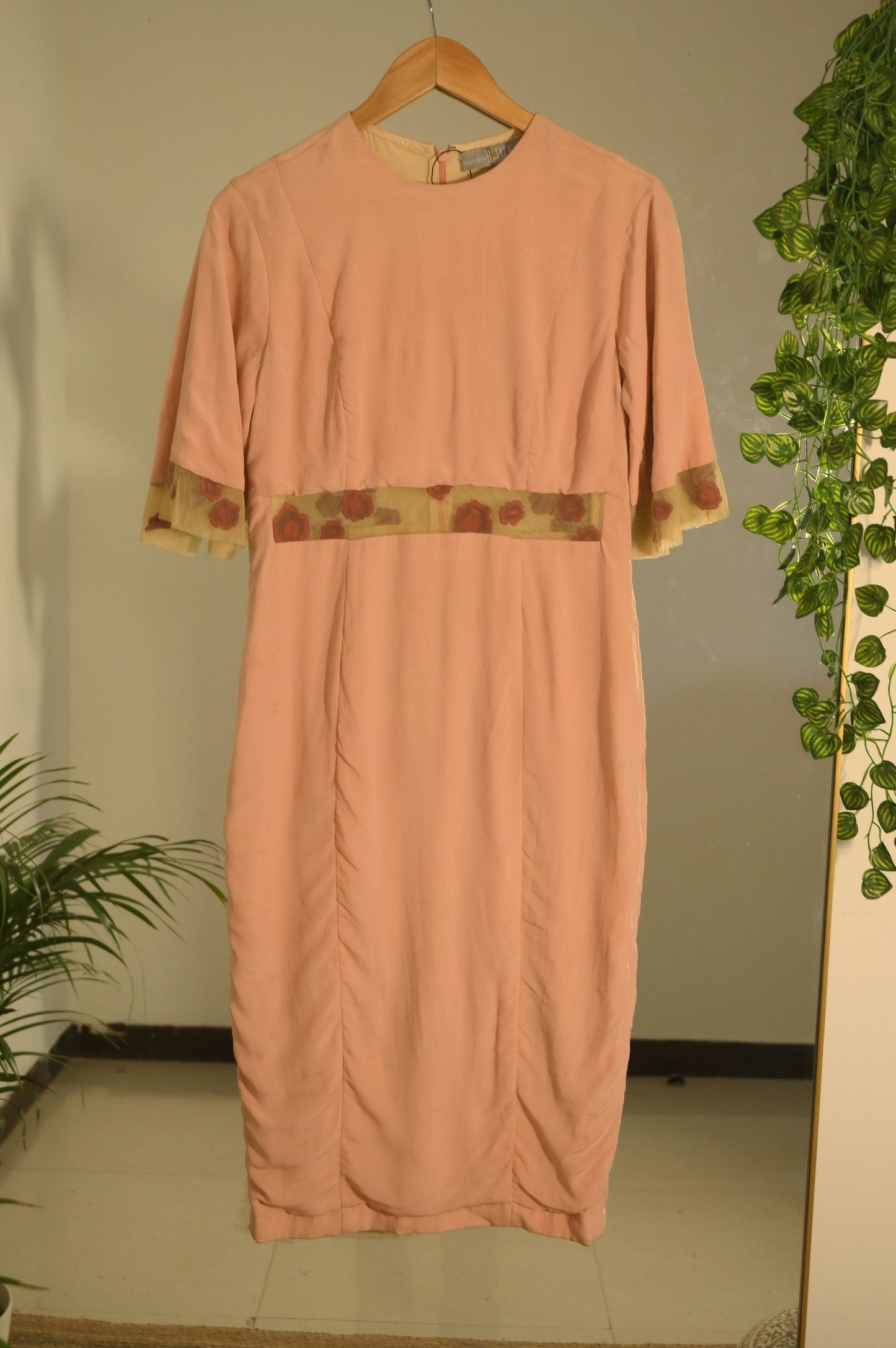 pastel dress with printed net pannels detailing