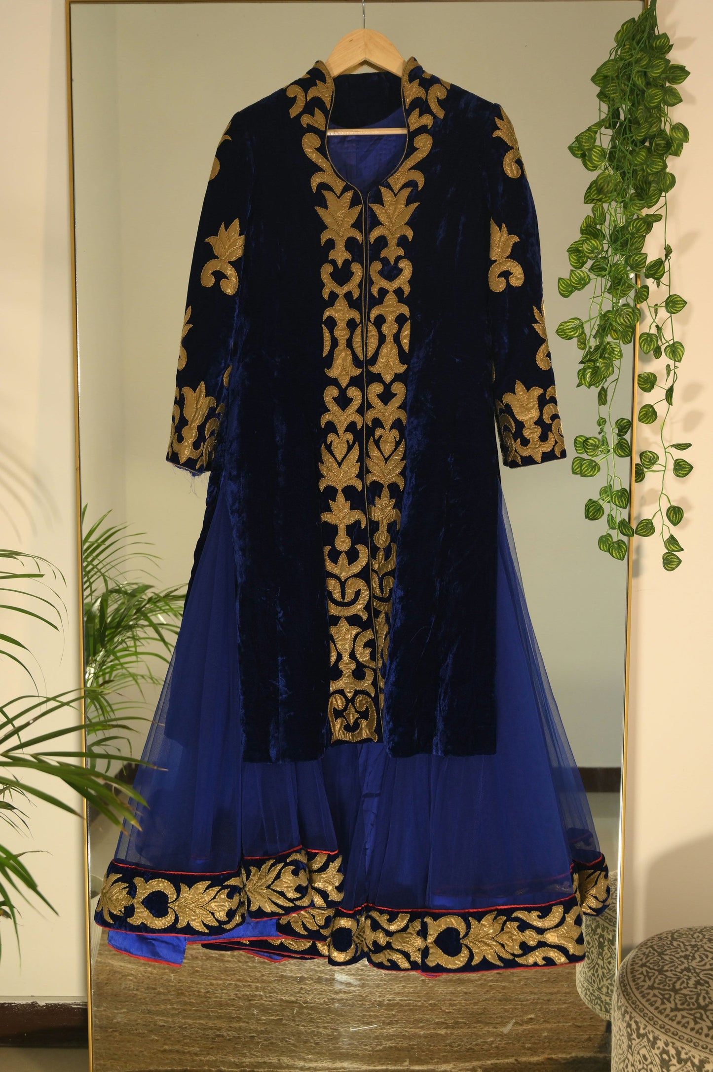 velvet golden applique kurta with sharara