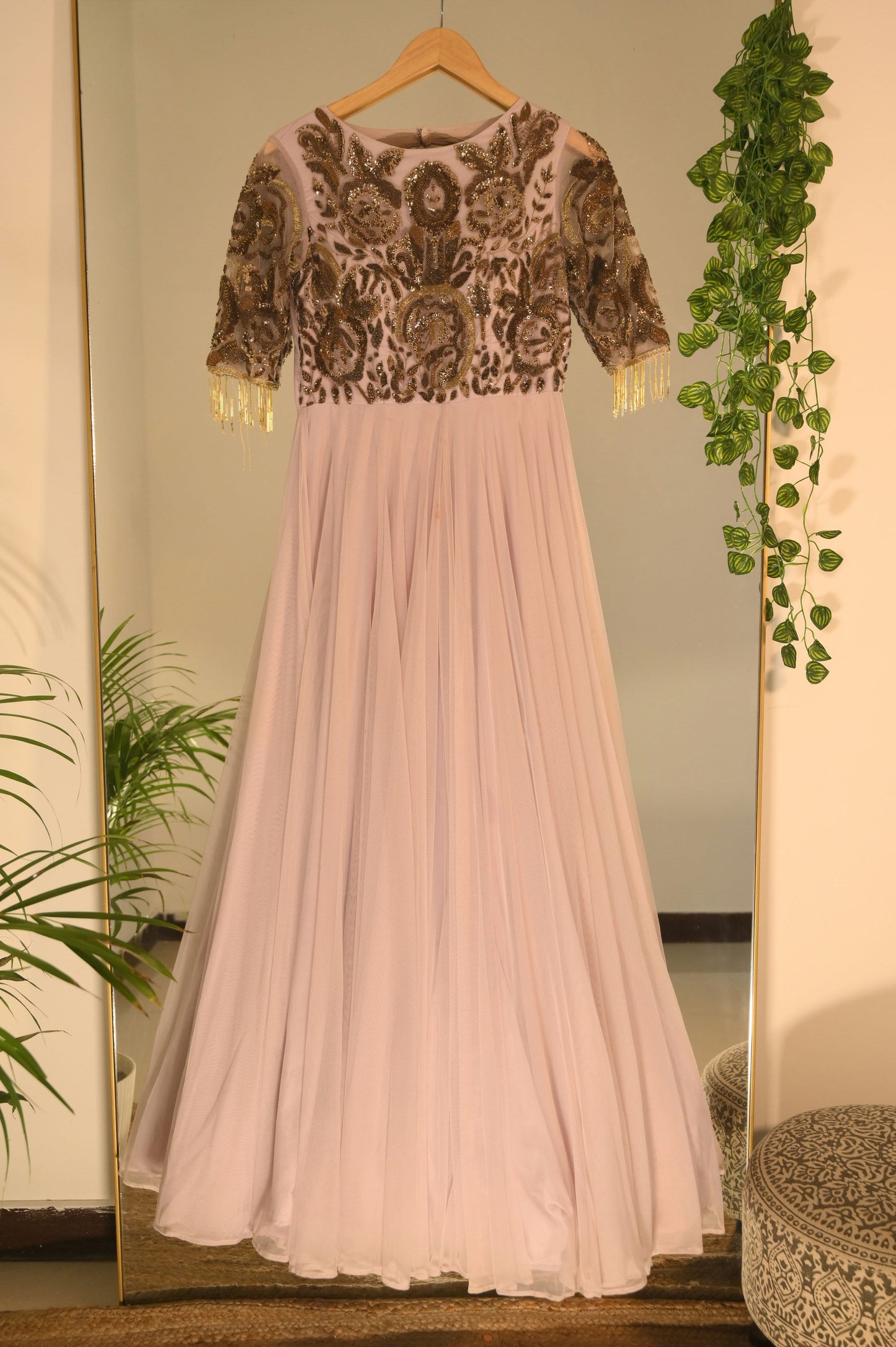 Lilac gown with zardosi n sequin work