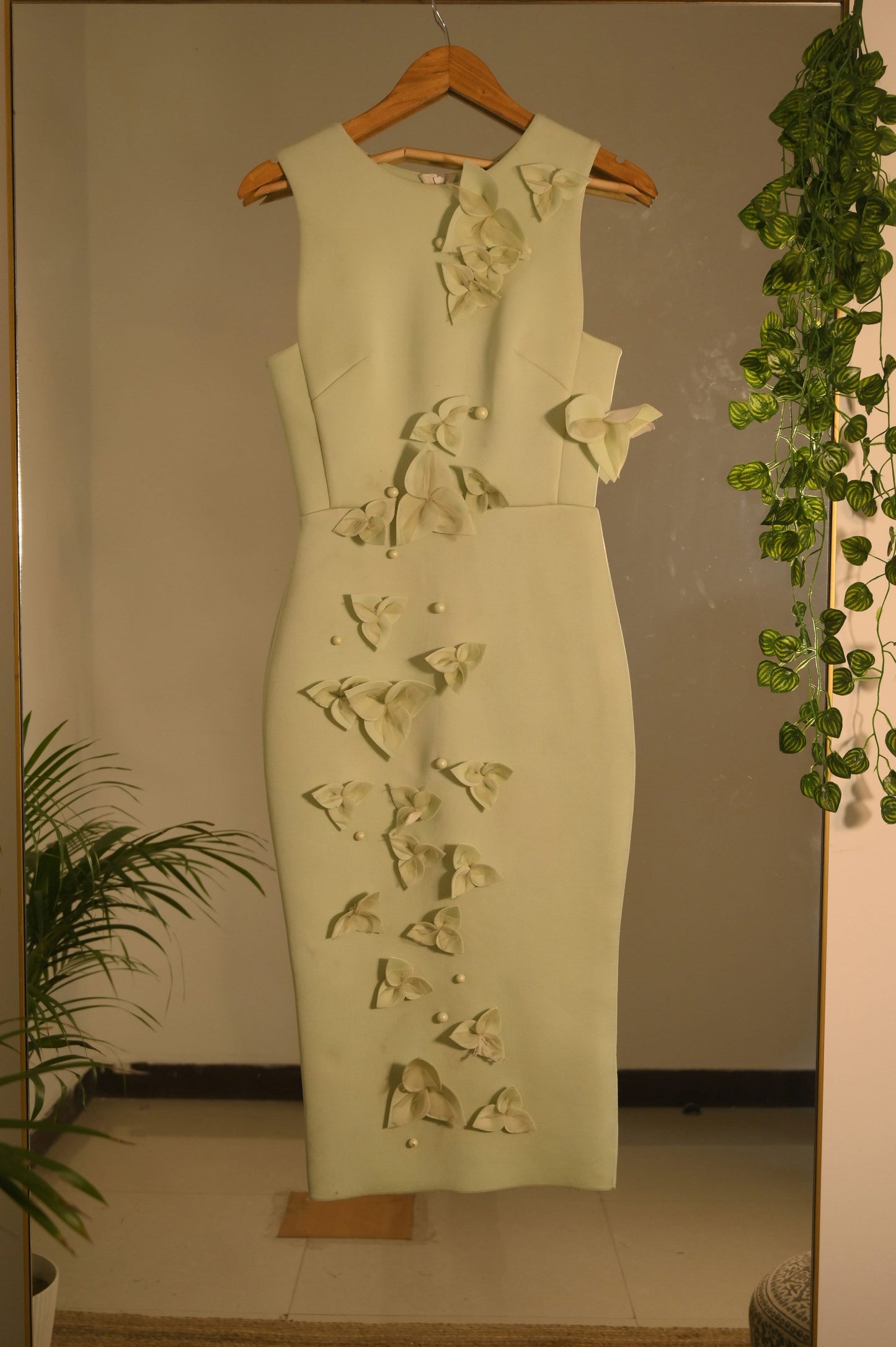 sage green bodycon dress with Fabric flowers