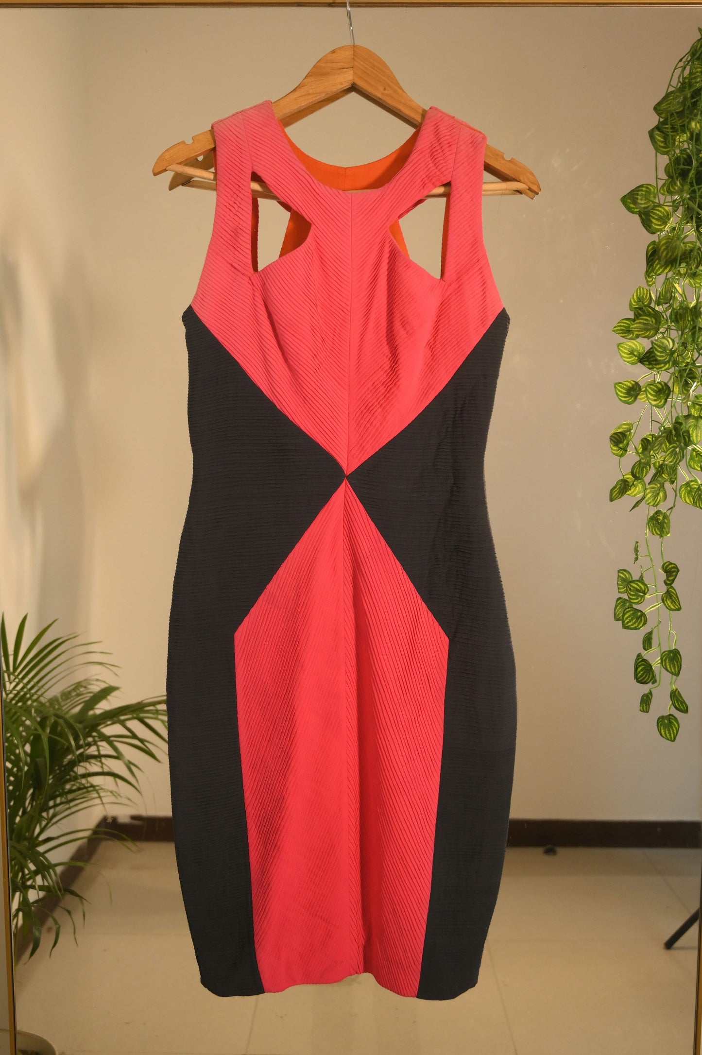 Pleated Short Dress in Black and Pink