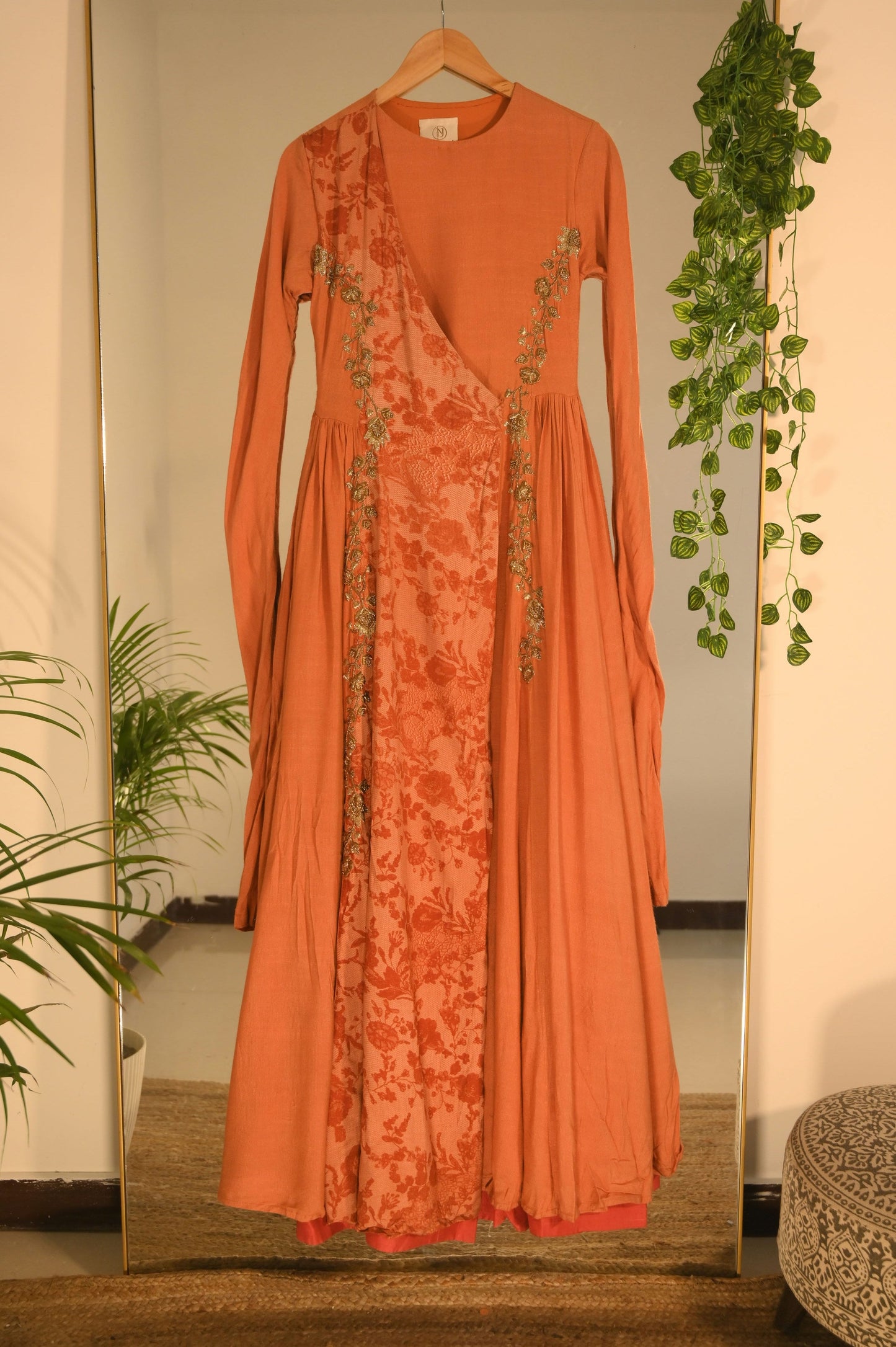 Orange Angrakha Anarkali with Zardosi Work.