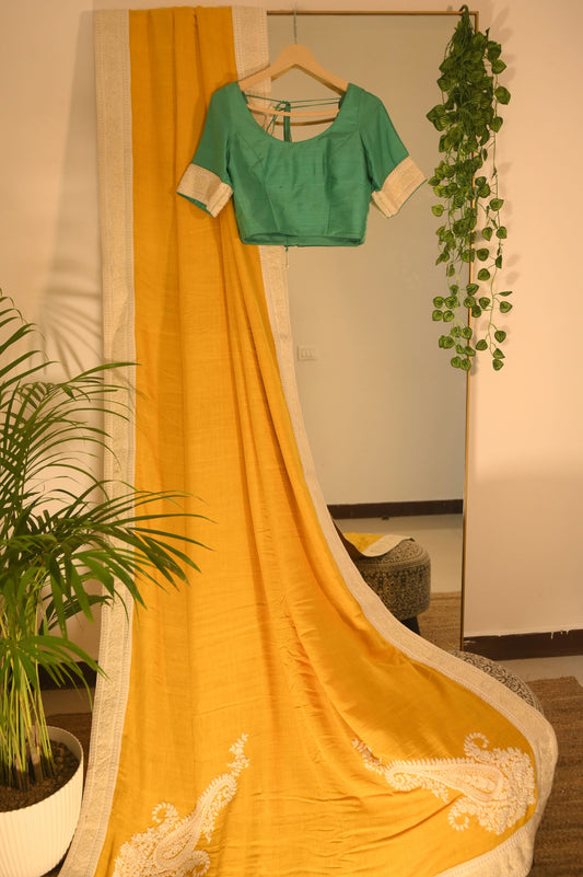 Yellow Saree with White Threadwork Borders