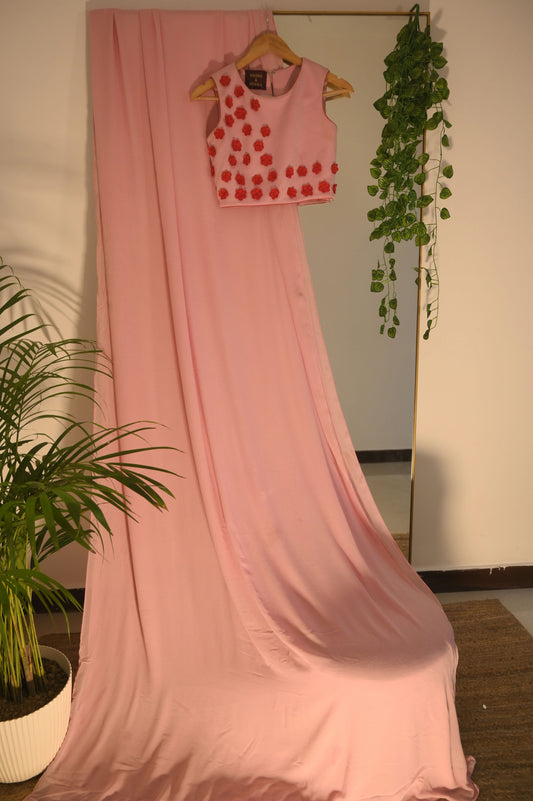 Pink Saree with Red Cutwork Flowers