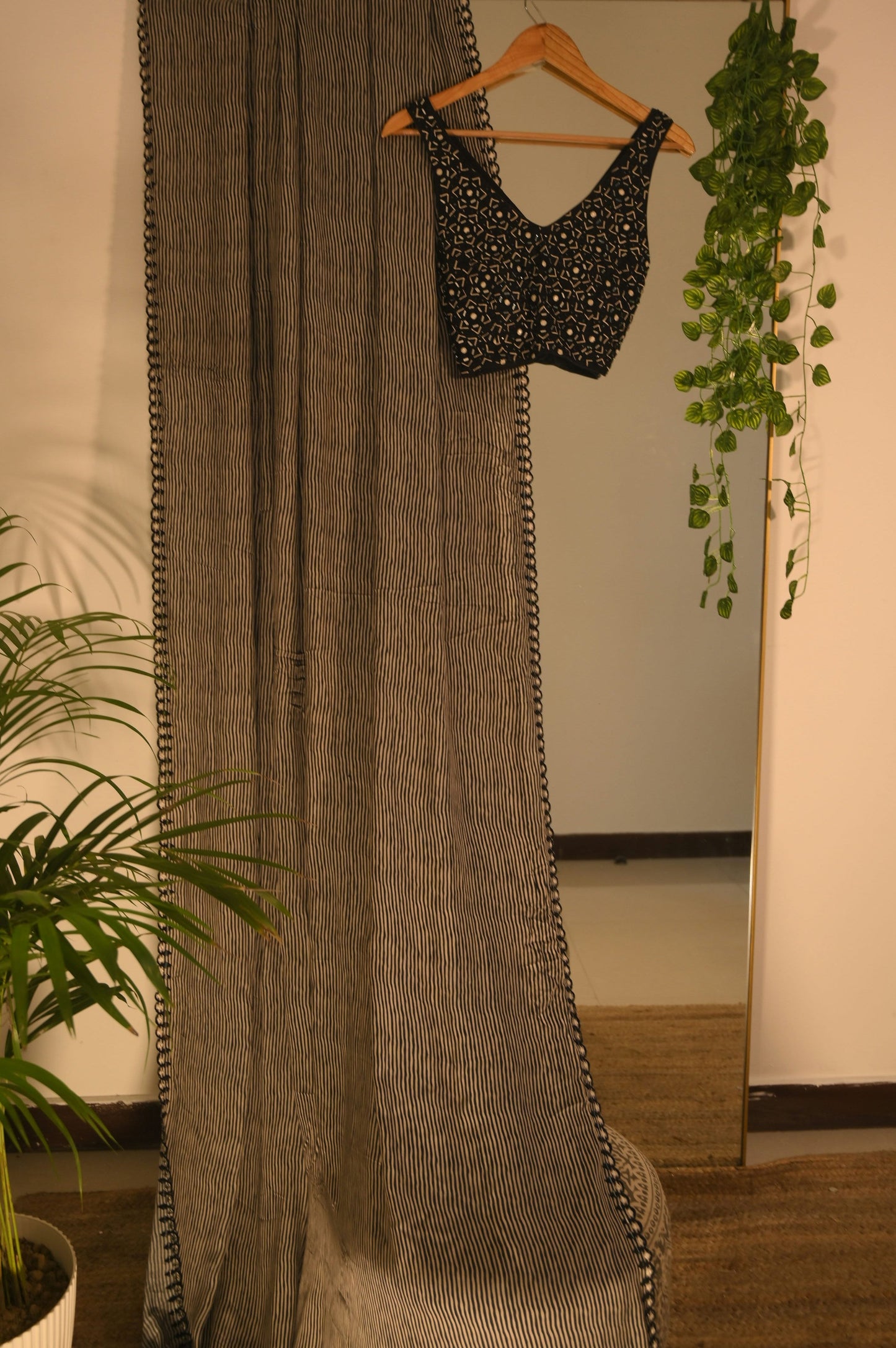 Black and White Striped Saree with Embellished Blouse