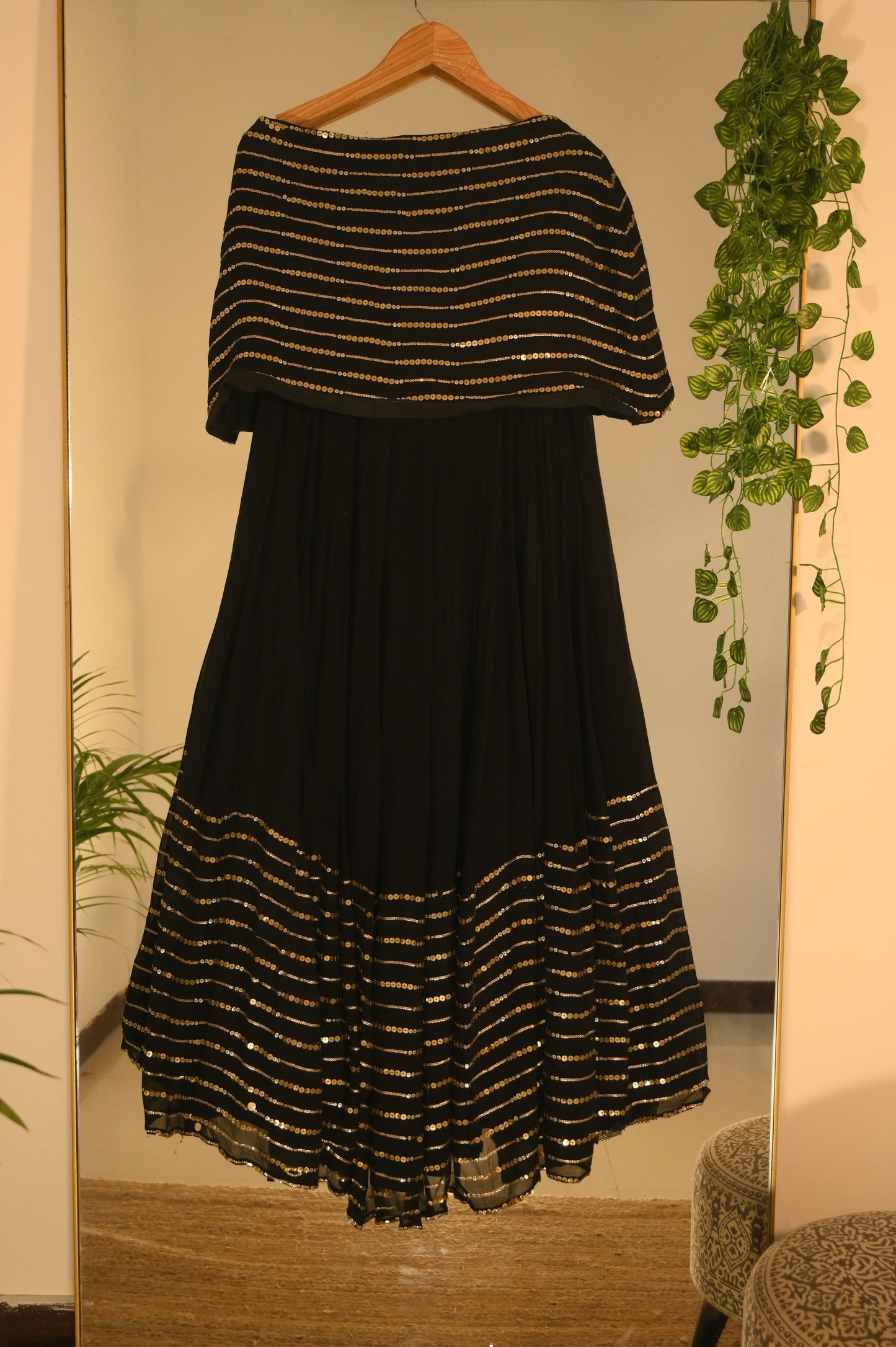 Black off shoulder blouse and lehenga with sequin detailing