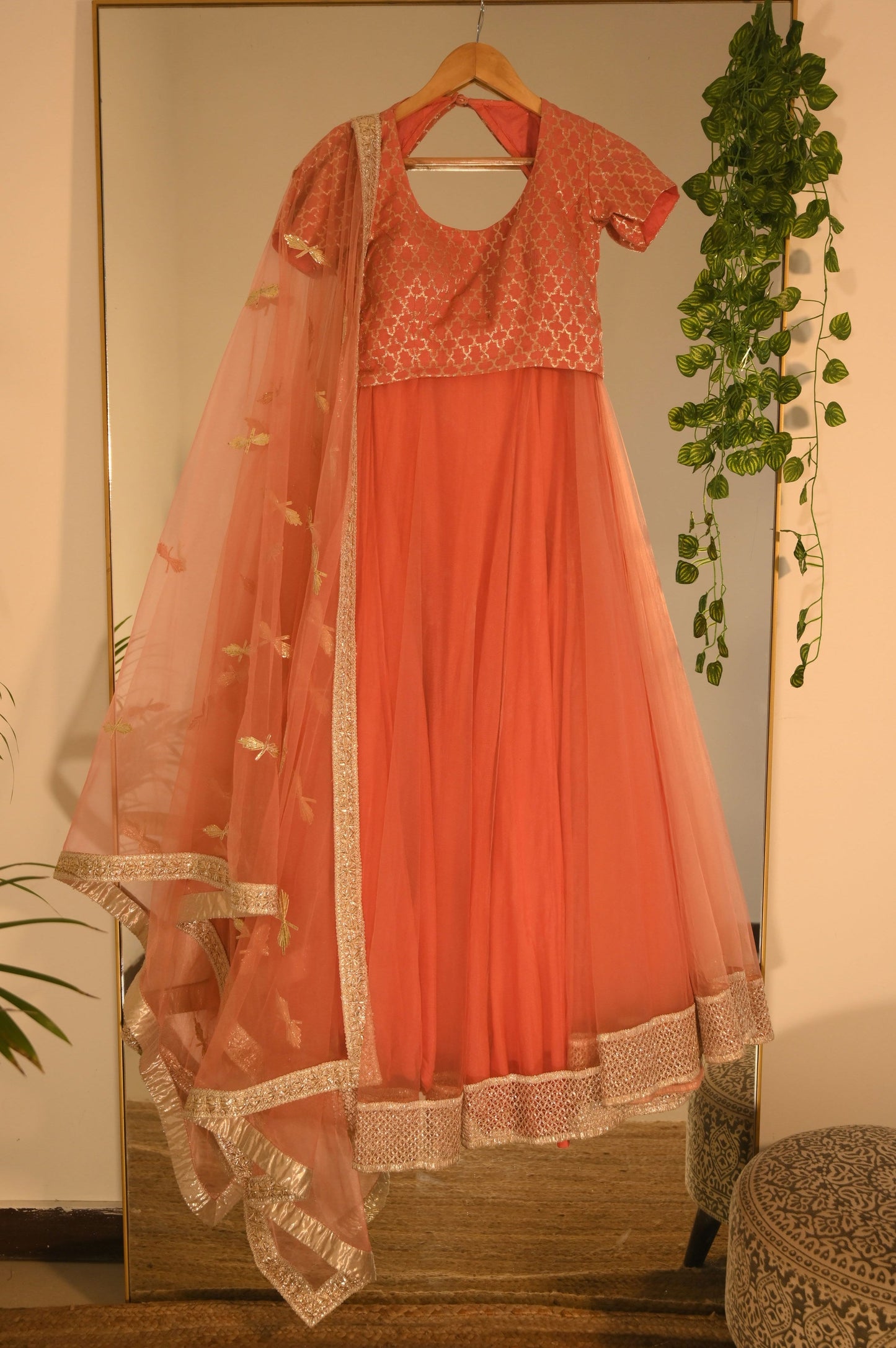 Pink chanderi blouse with Lehenga and gota dupatta