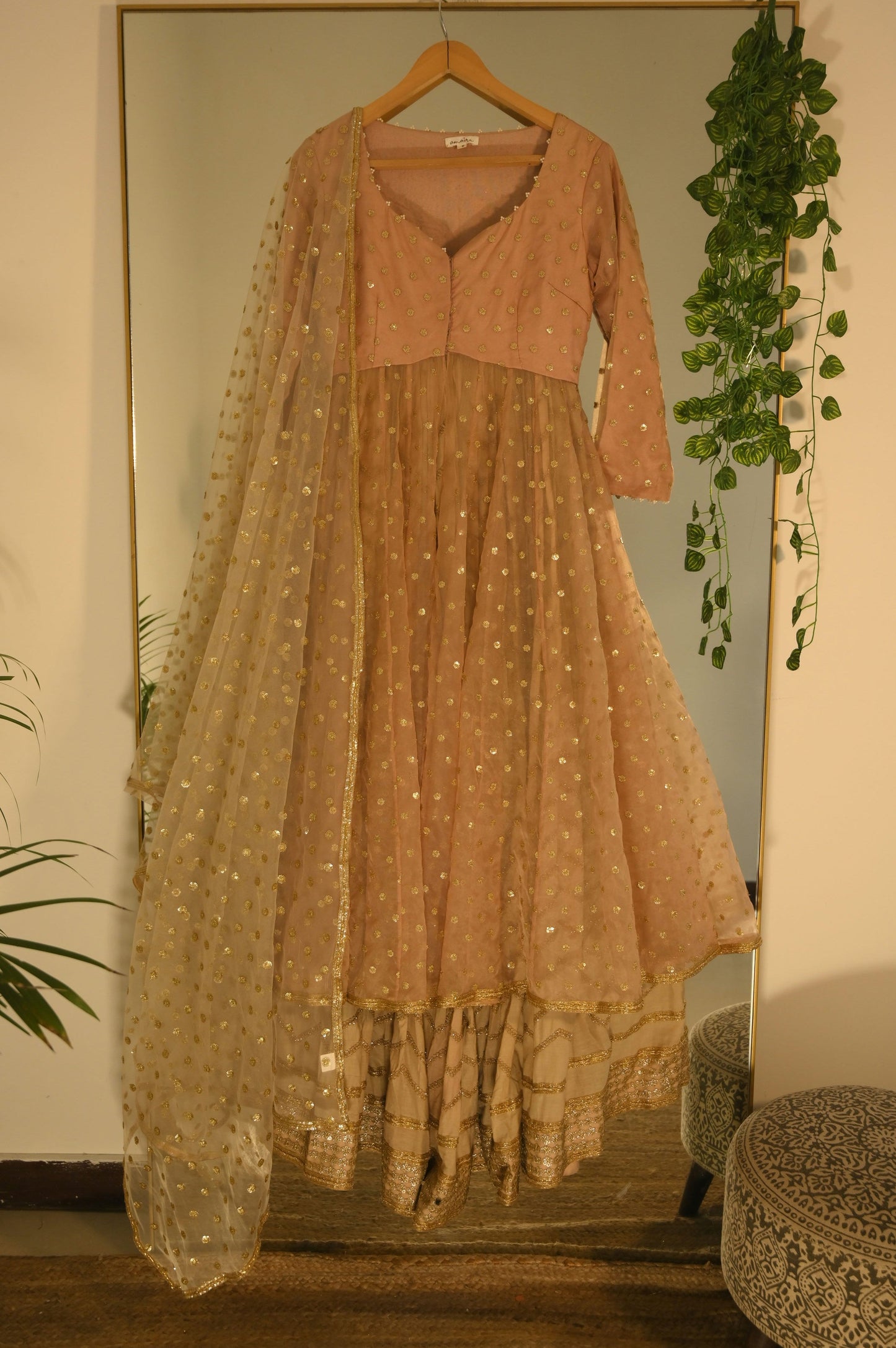 Pink net sequin anarkali with lehenga